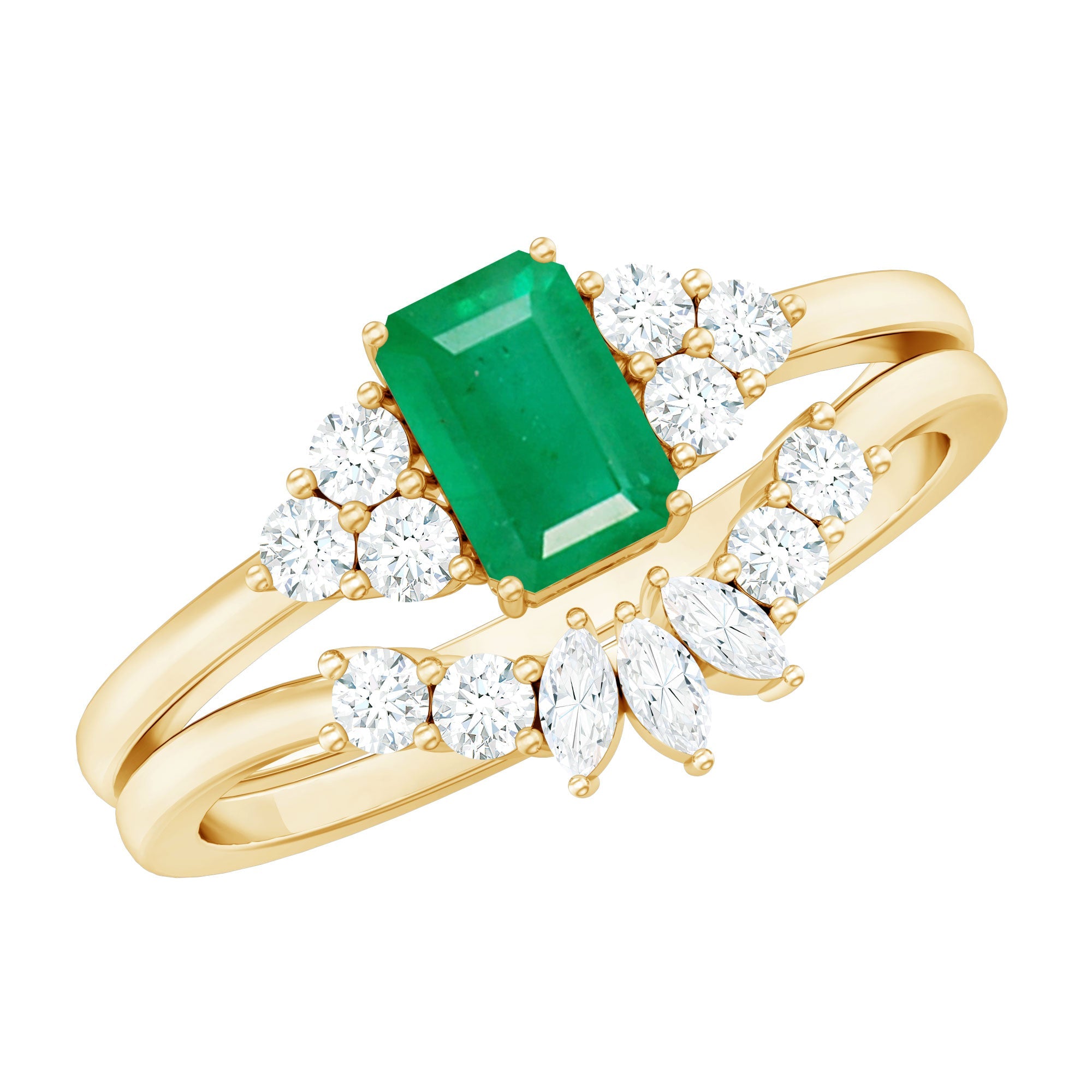 Emerald Cut Engagement Ring - Real Emerald Bridal Ring Set With Curved Wedding Band