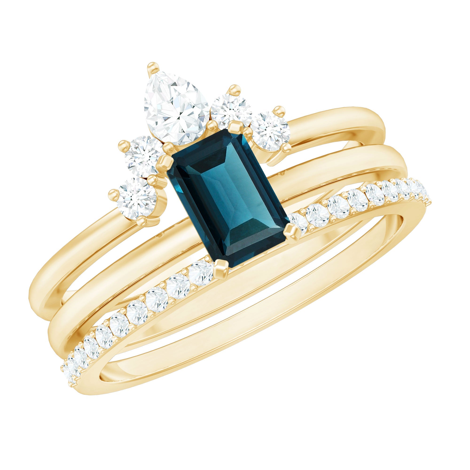 0.7 Carat Emerald Cut London Blue Topaz Solitaire Trio Ring Set with Diamond