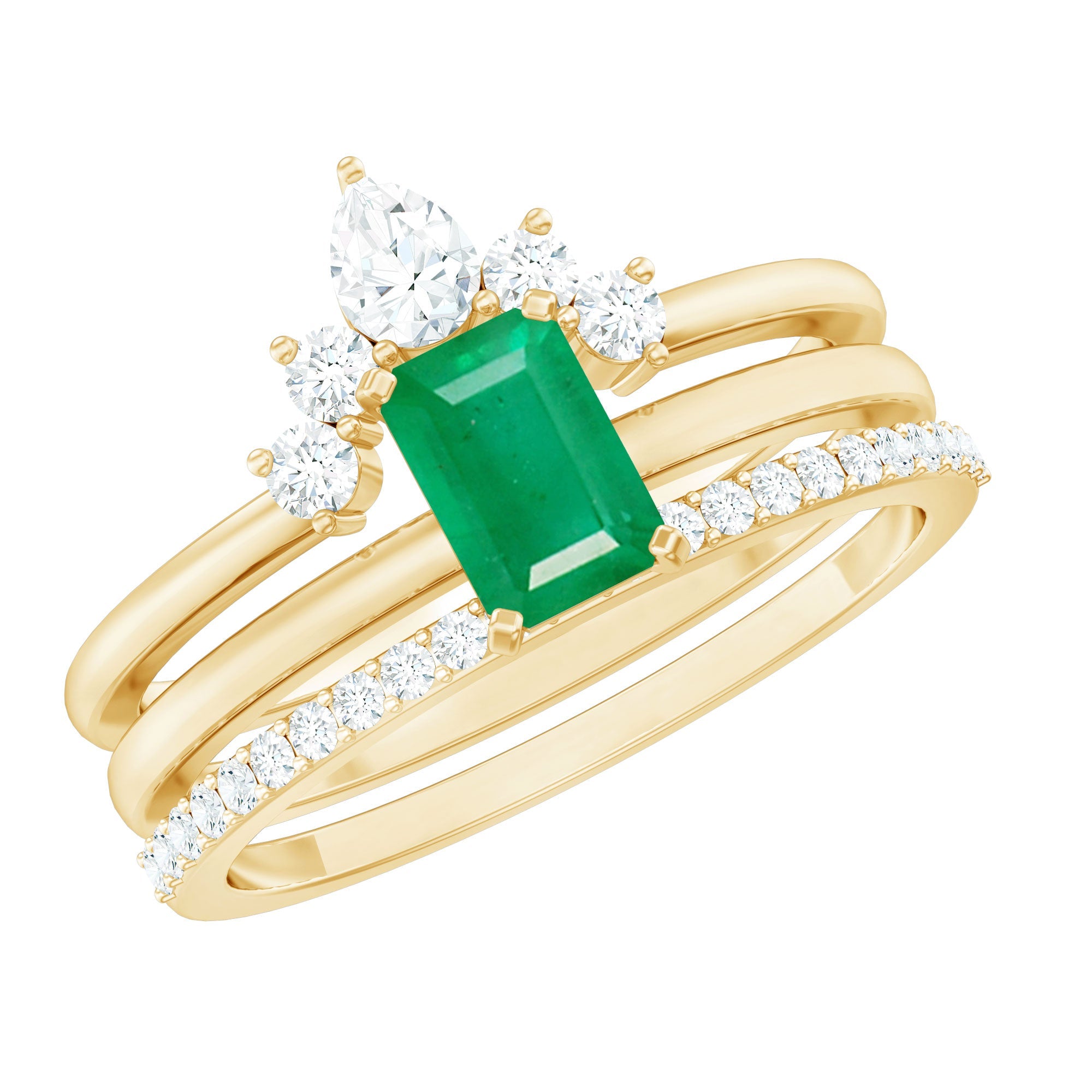Emerald Bridal Ring Set – Natural Emerald Cut 0.6 Ct Diamond 3 Piece Set