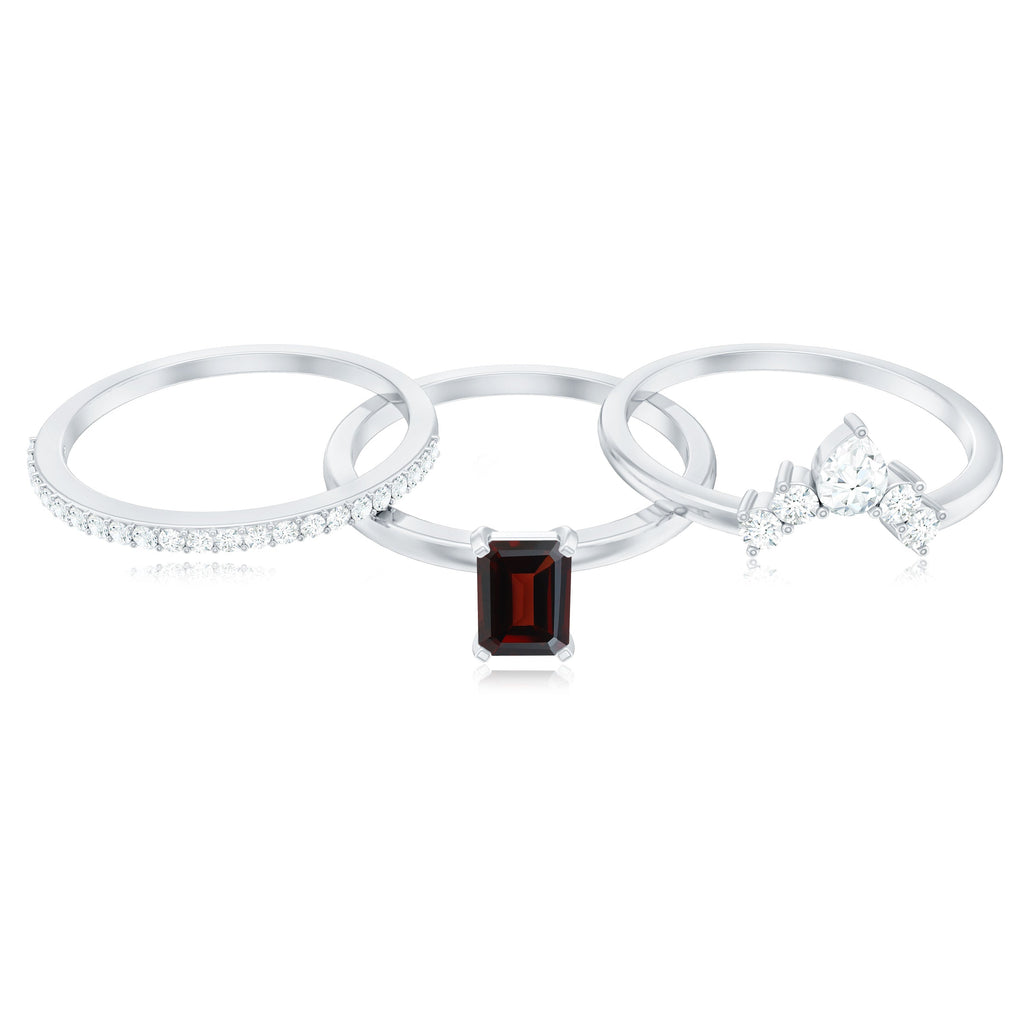 Natural Emerald Cut Garnet Diamond 3 Piece Wedding Ring Set