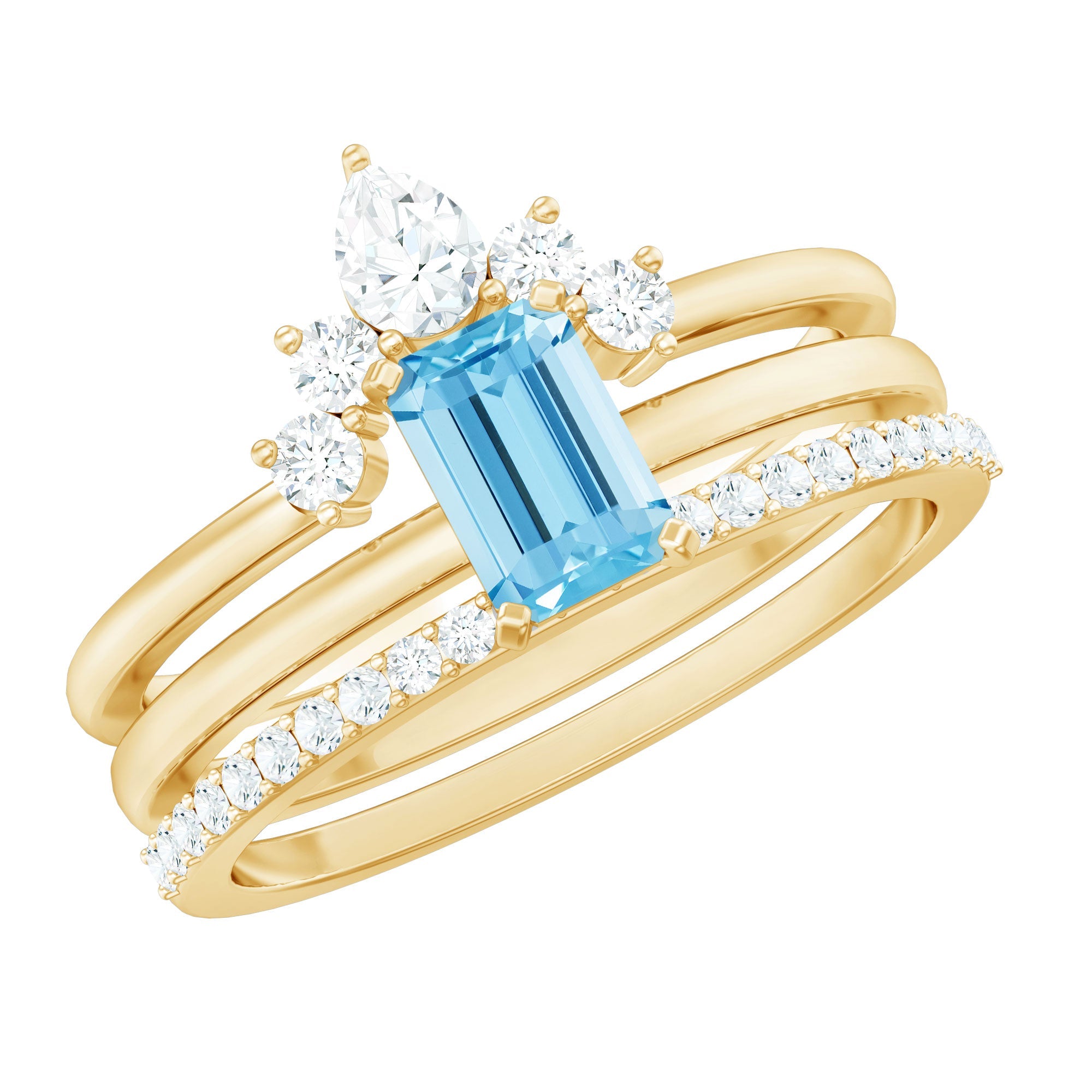 Aquamarine Engagement Ring – Emerald Cut Solitaire With Diamond Wedding Bands Set