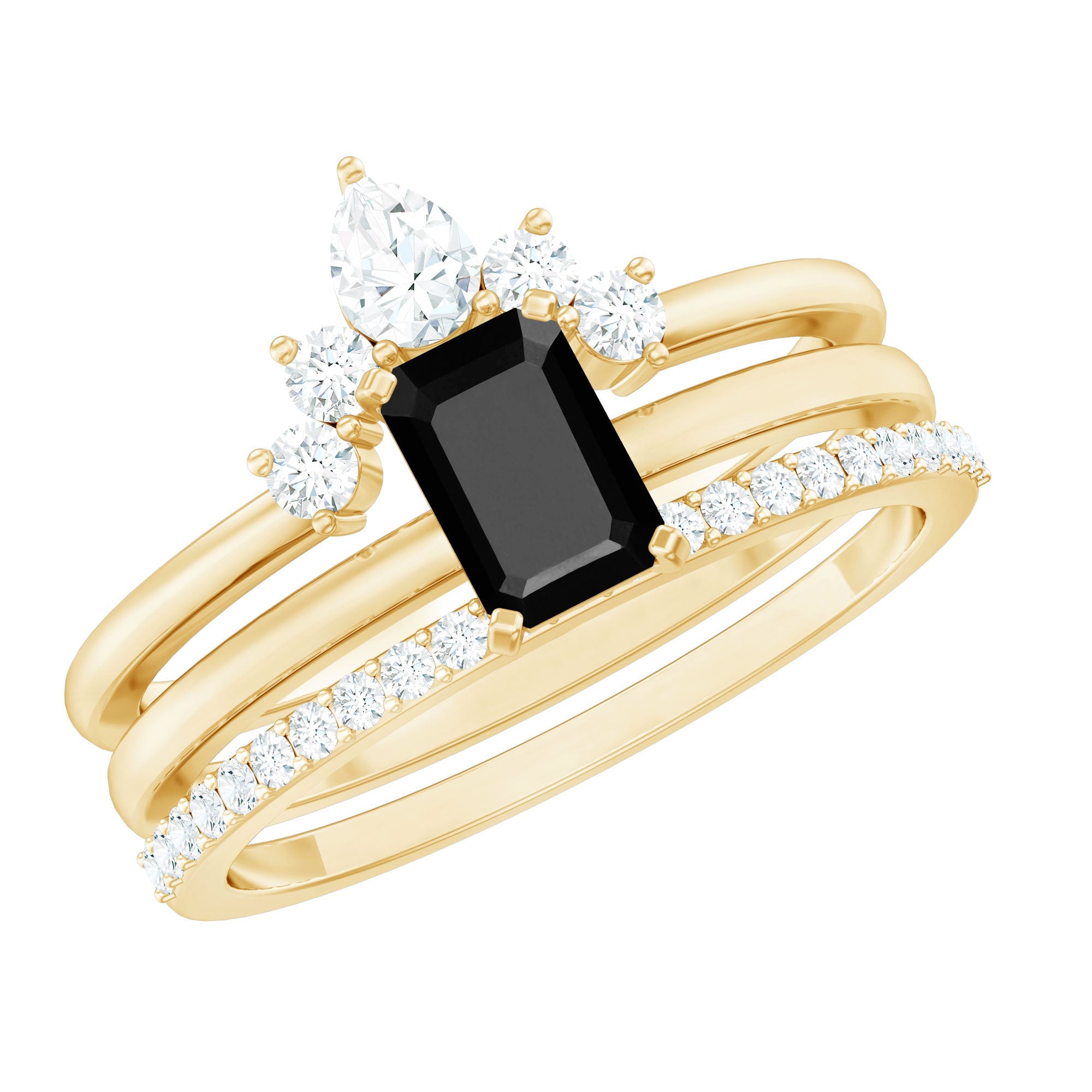Emerald Cut Black Onyx and Diamond Trio Wedding Ring Set