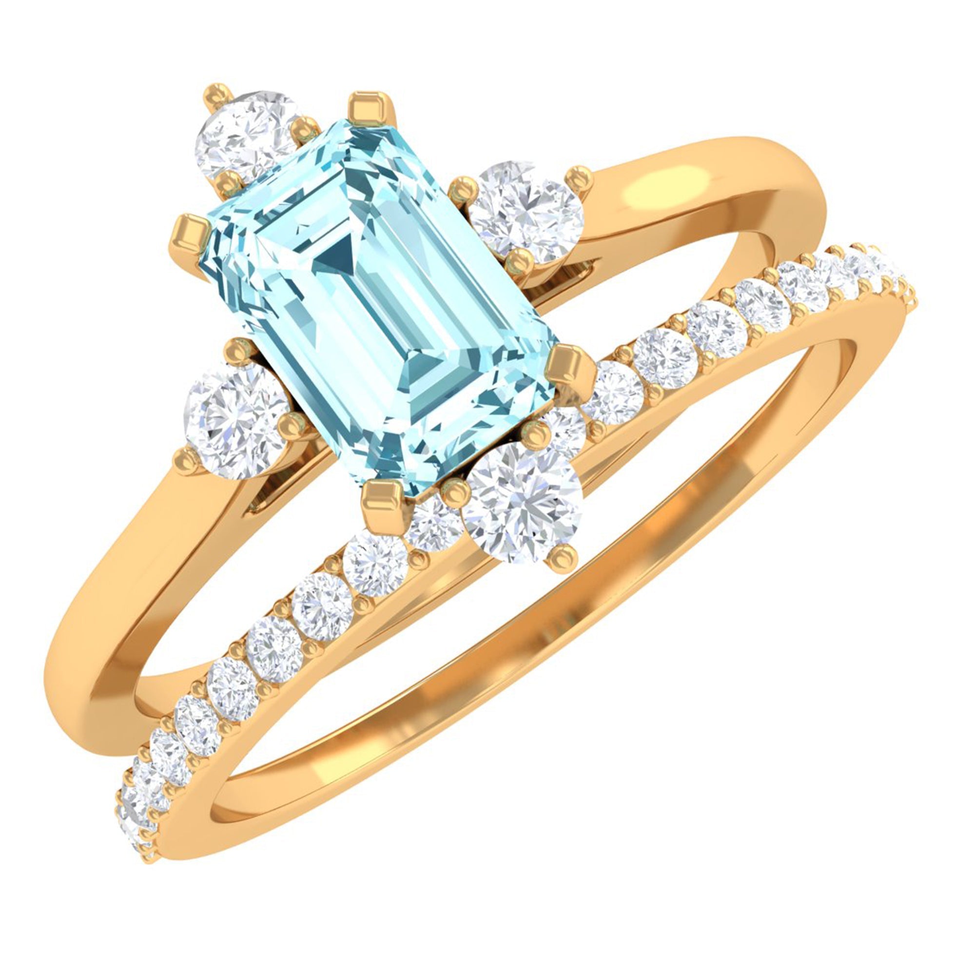 Aquamarine Engagement Ring – Emerald Cut Ring With Diamond Wedding Band Set