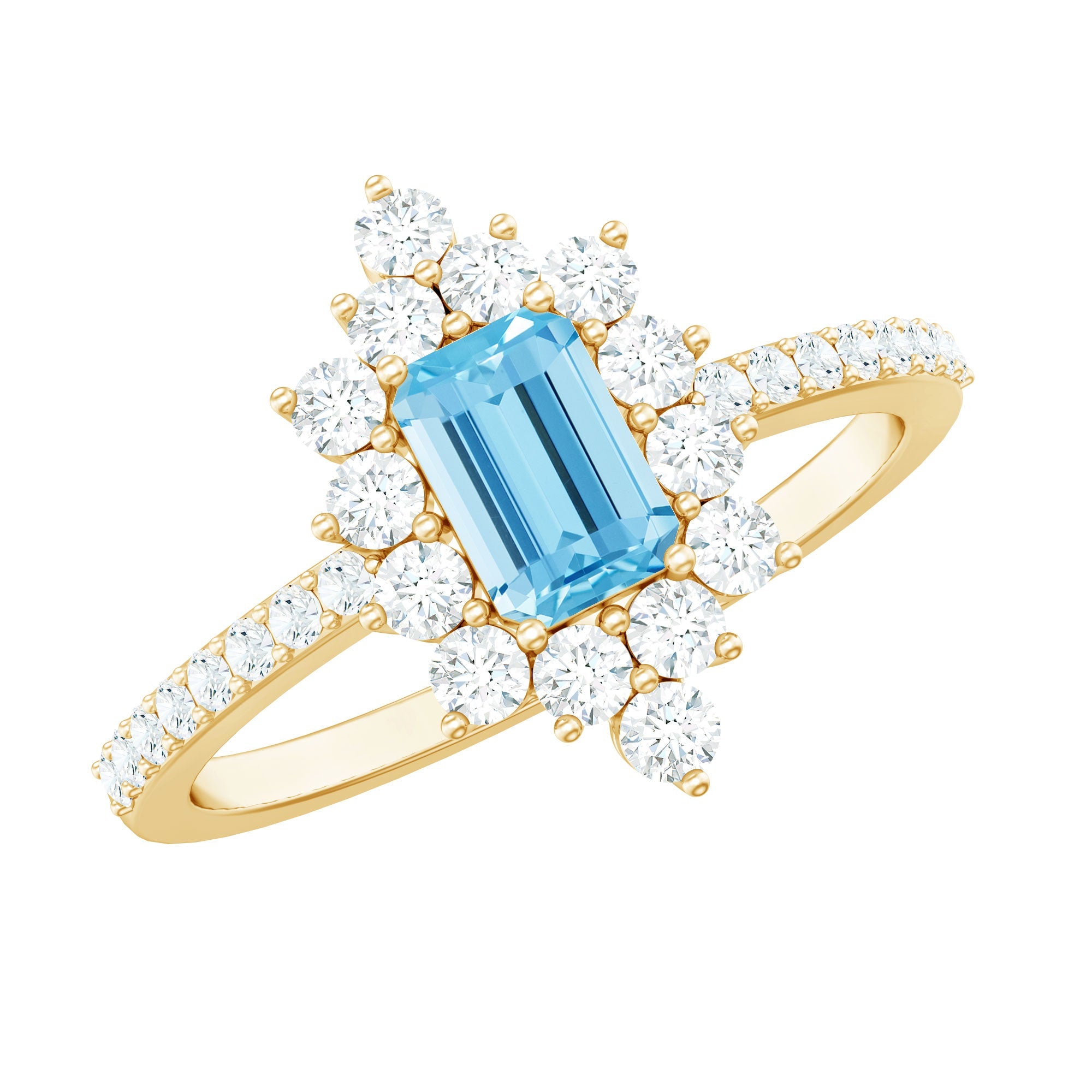 Aquamarine Halo Ring – Emerald Cut Aquamarine Vintage Engagement Ring With Diamond Halo Setting