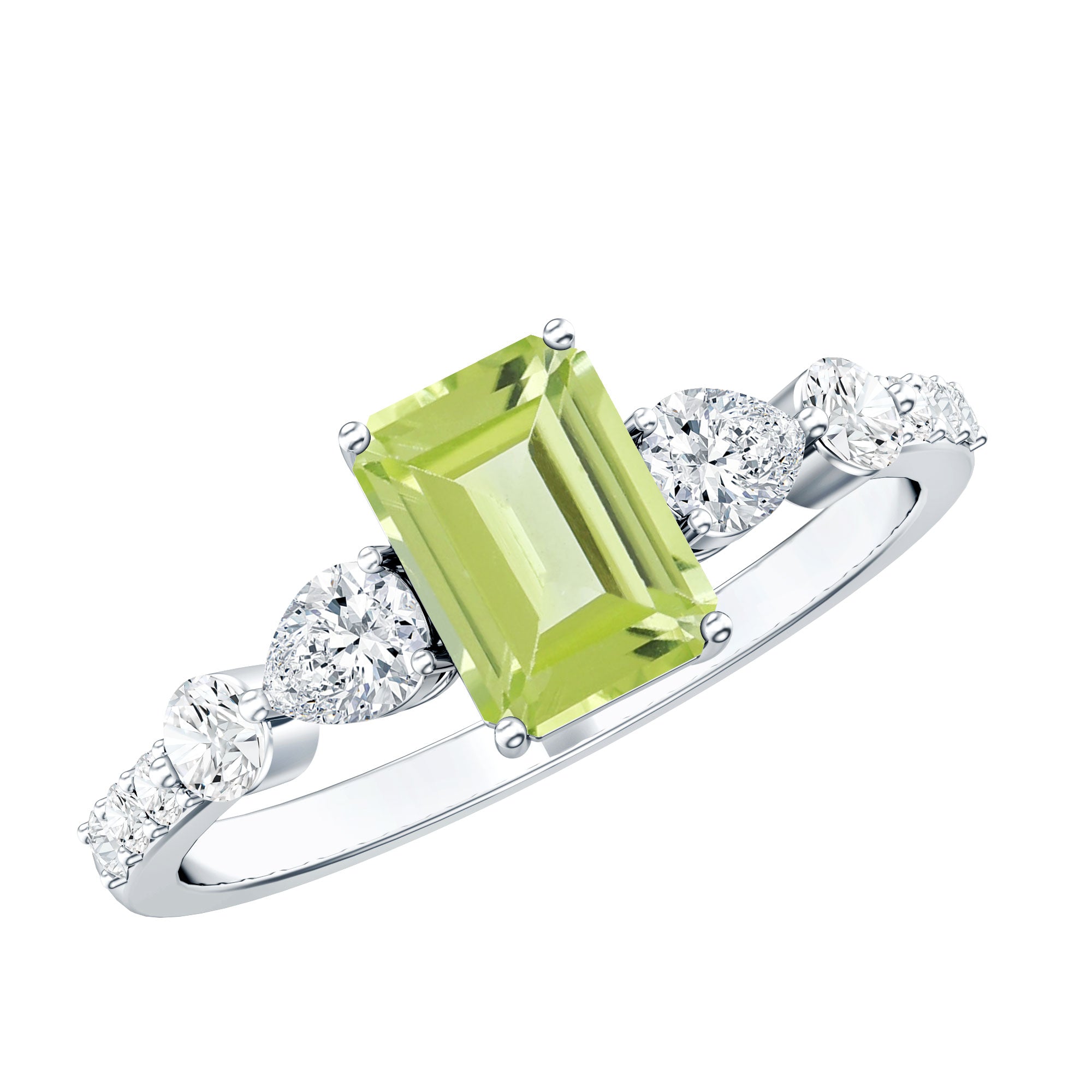 Peridot Engagement Ring – 1.8 Carat Emerald Cut Solitaire with Pear Shape Moissanite