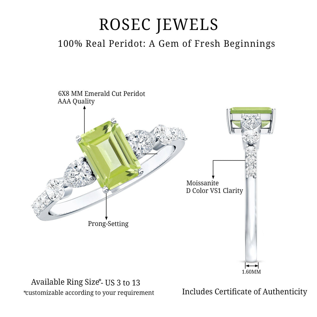 Peridot Engagement Ring – 1.8 Carat Emerald Cut Solitaire with Pear Shape Moissanite