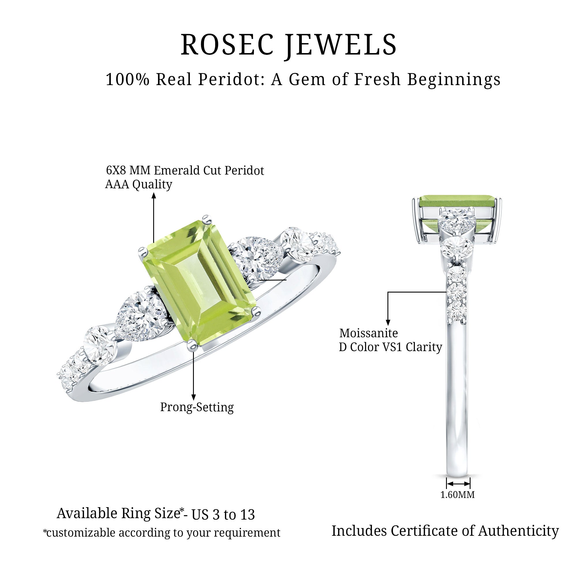 Peridot Engagement Ring – 1.8 Carat Emerald Cut Solitaire with Pear Shape Moissanite