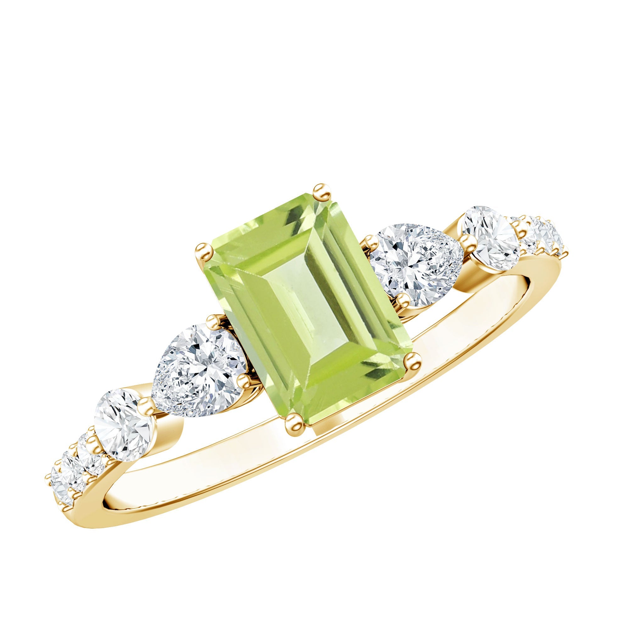 Peridot Engagement Ring – 1.8 Carat Emerald Cut Solitaire with Pear Shape Moissanite
