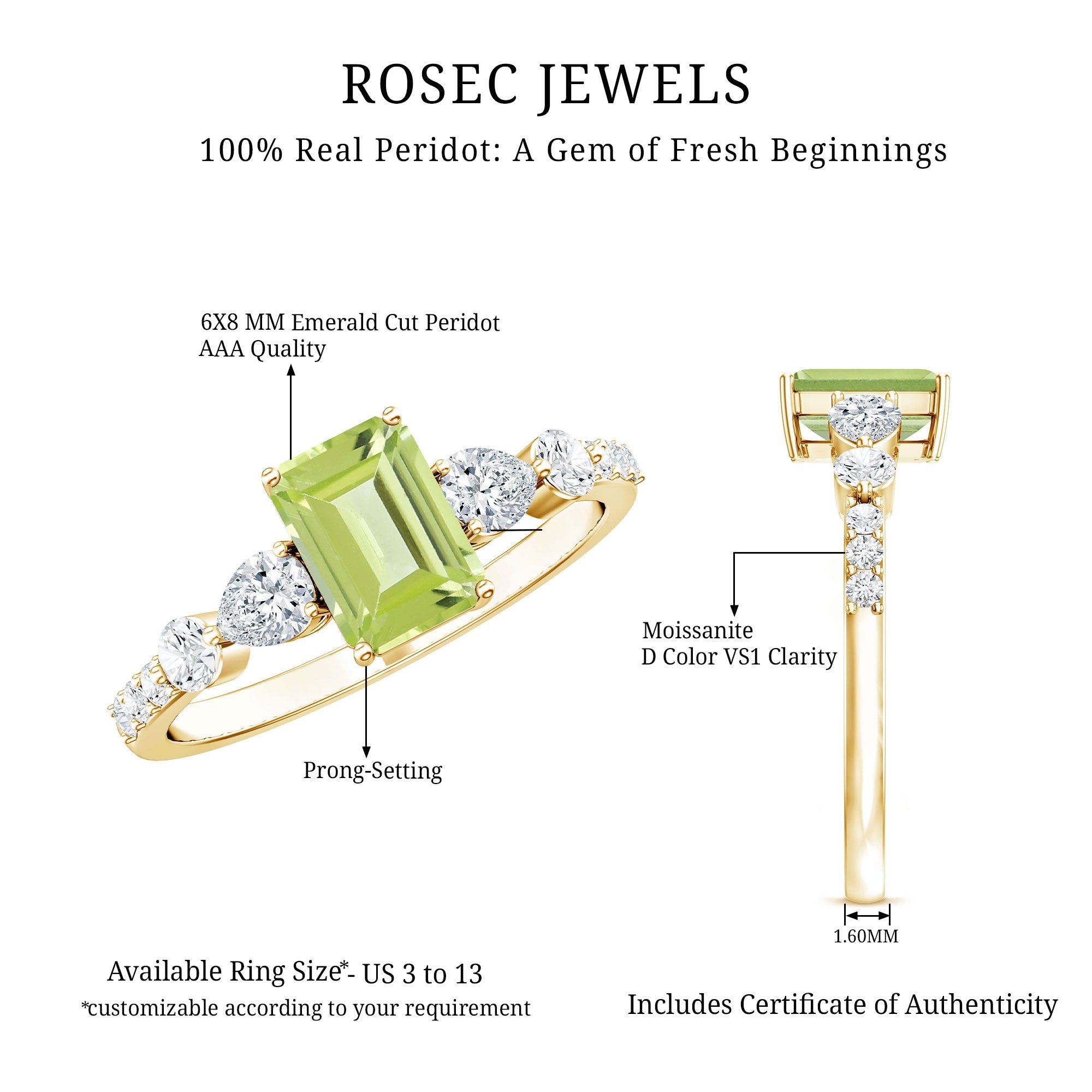 Peridot Engagement Ring – 1.8 Carat Emerald Cut Solitaire with Pear Shape Moissanite
