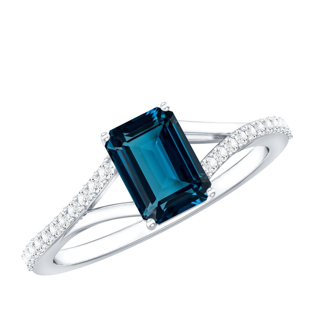 6X8mm Emerald Cut London Blue Topaz Split Shank Engagement Ring with Diamond