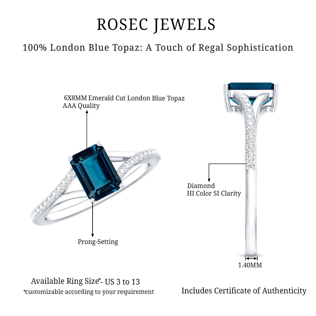 6X8mm Emerald Cut London Blue Topaz Split Shank Engagement Ring with Diamond