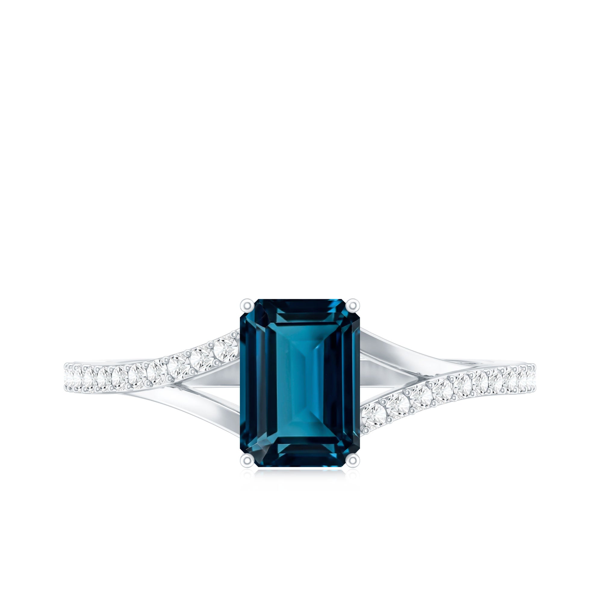6X8mm Emerald Cut London Blue Topaz Split Shank Engagement Ring with Diamond