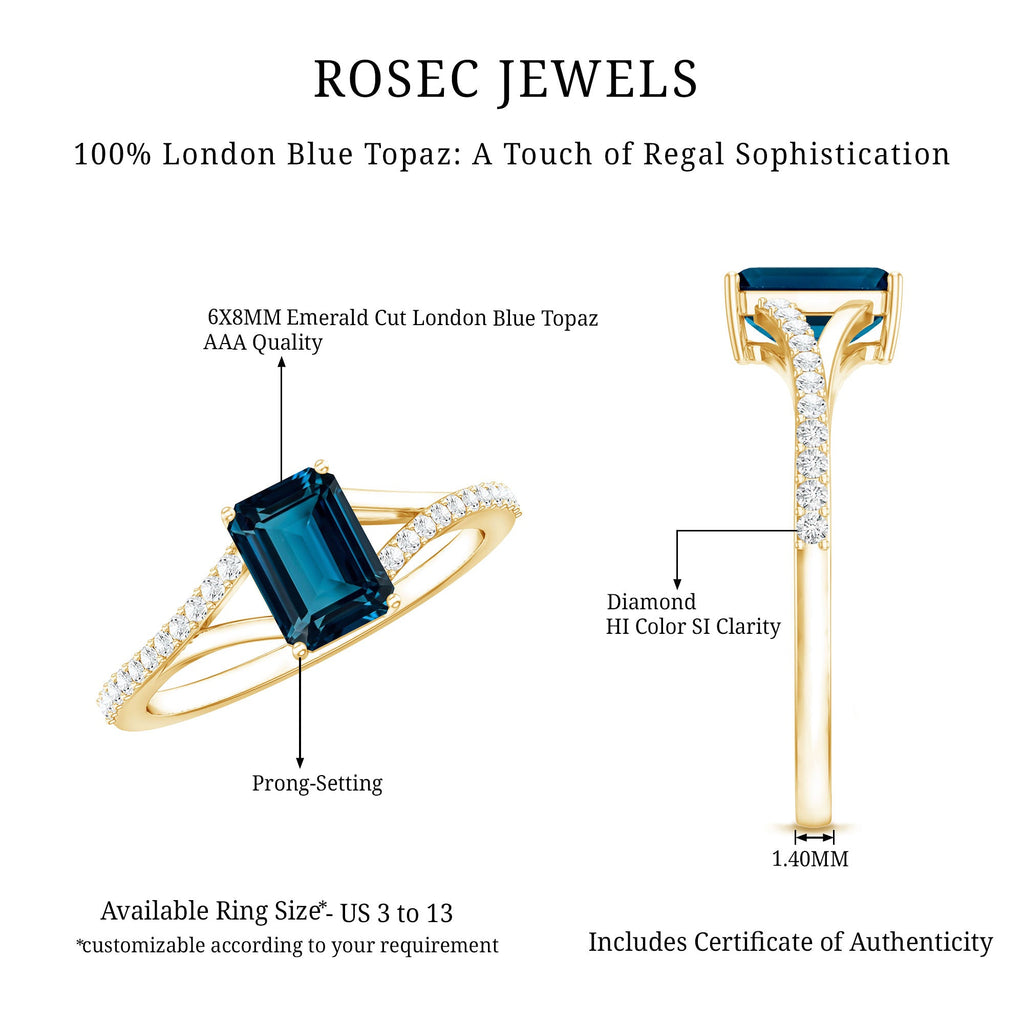 6X8mm Emerald Cut London Blue Topaz Split Shank Engagement Ring with Diamond