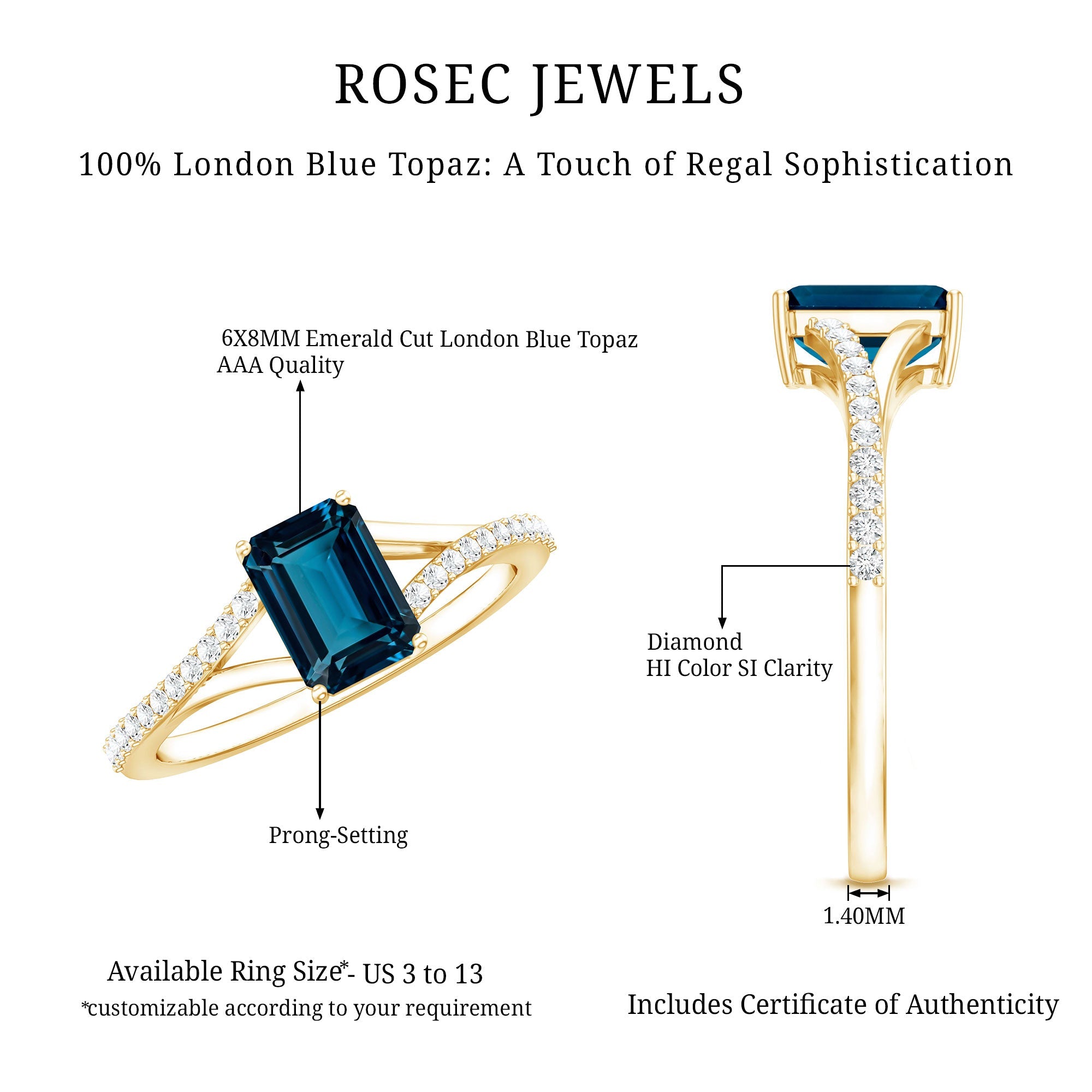 6X8mm Emerald Cut London Blue Topaz Split Shank Engagement Ring with Diamond