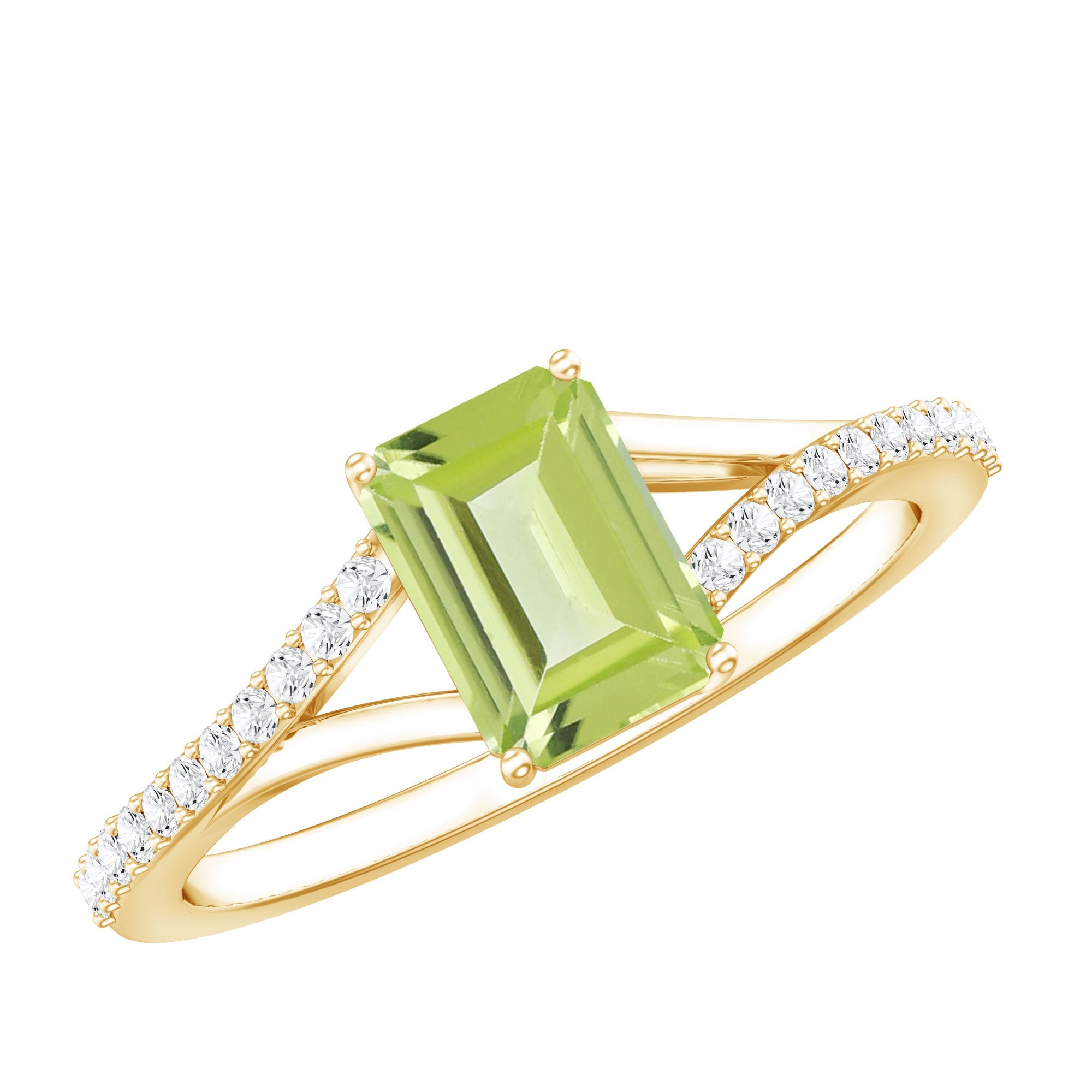 Peridot Engagement Ring – 1.8 Carat Emerald Cut Gemstone with Diamond Split Shank Band
