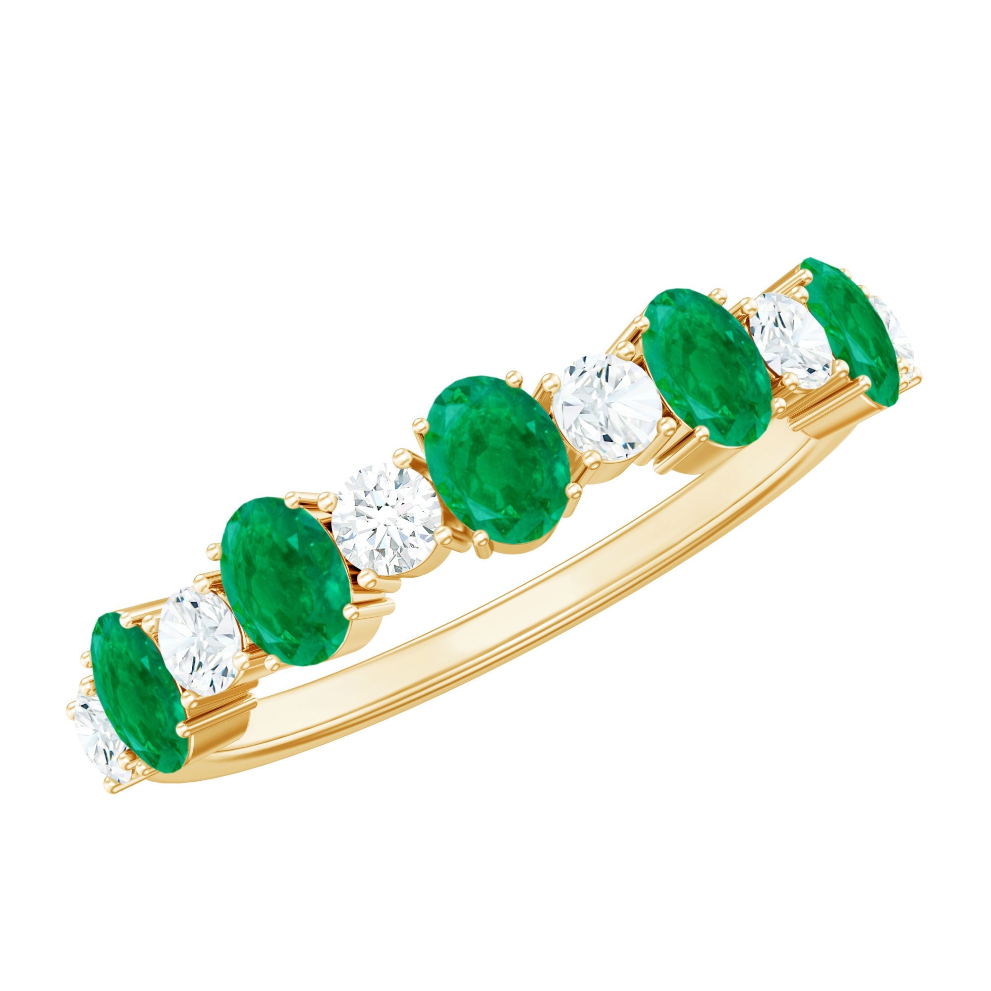 Emerald Eternity Ring - Semi Eternity Band With Oval Cut Emerald & Diamonds