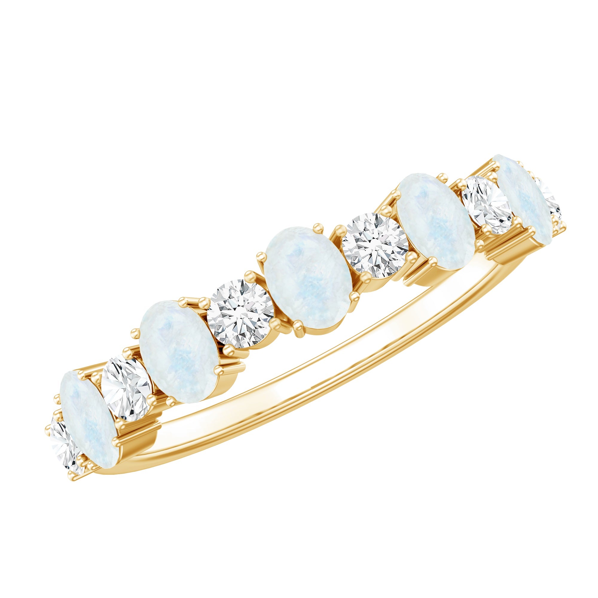 Moonstone Diamond Ring - Semi Eternity Gold Band with Oval Cut & Round Diamonds