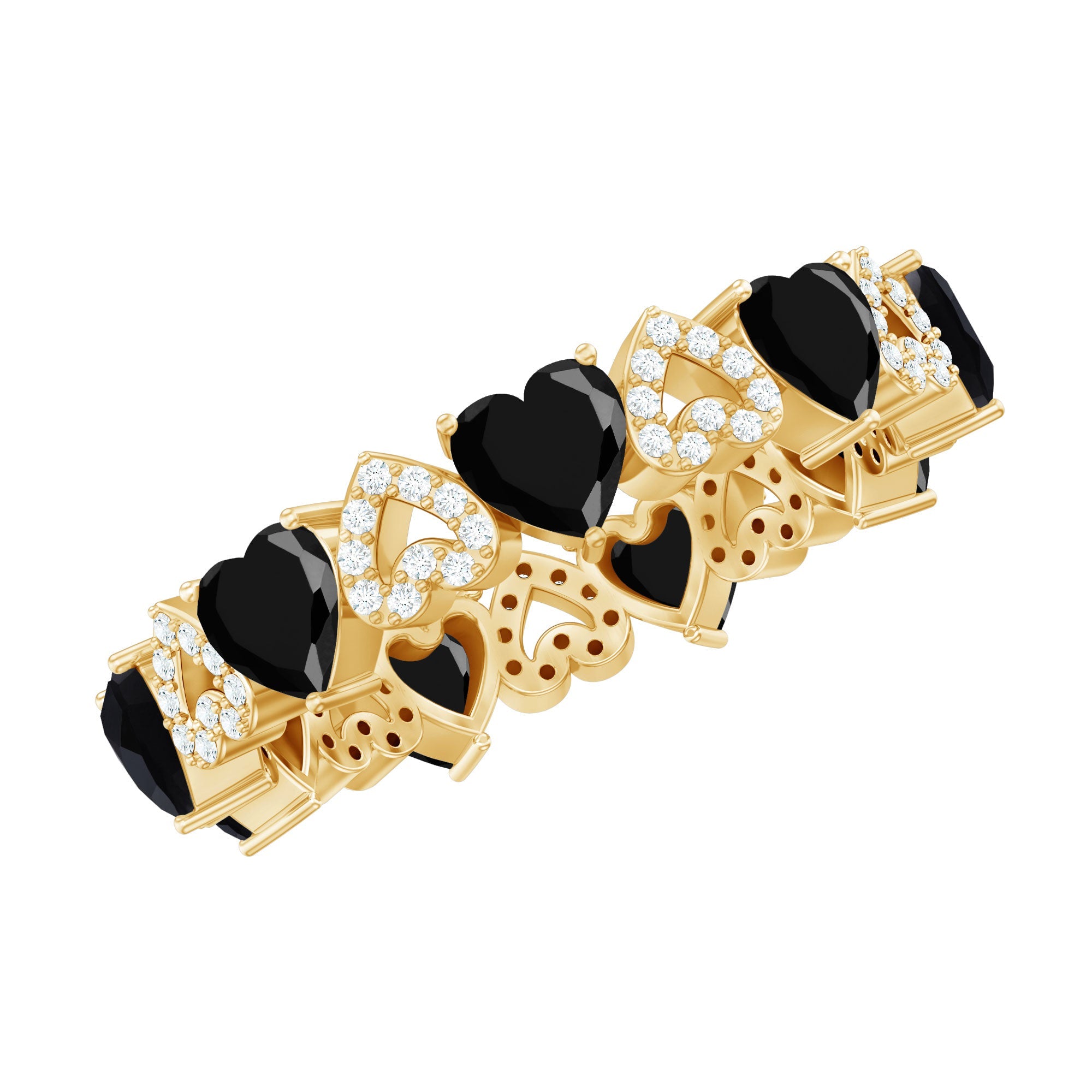 Genuine Black Onyx and Diamond Heart Wedding Band