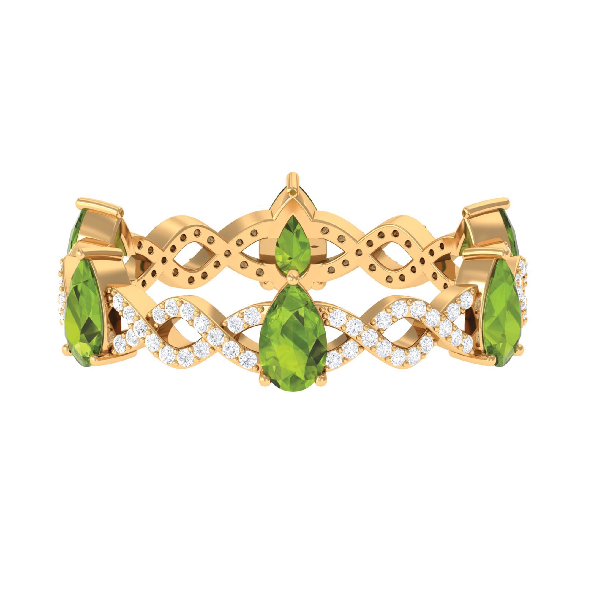 Peridot Diamond Eternity Ring – Crossover Full Eternity Band with Pear Cut Peridot