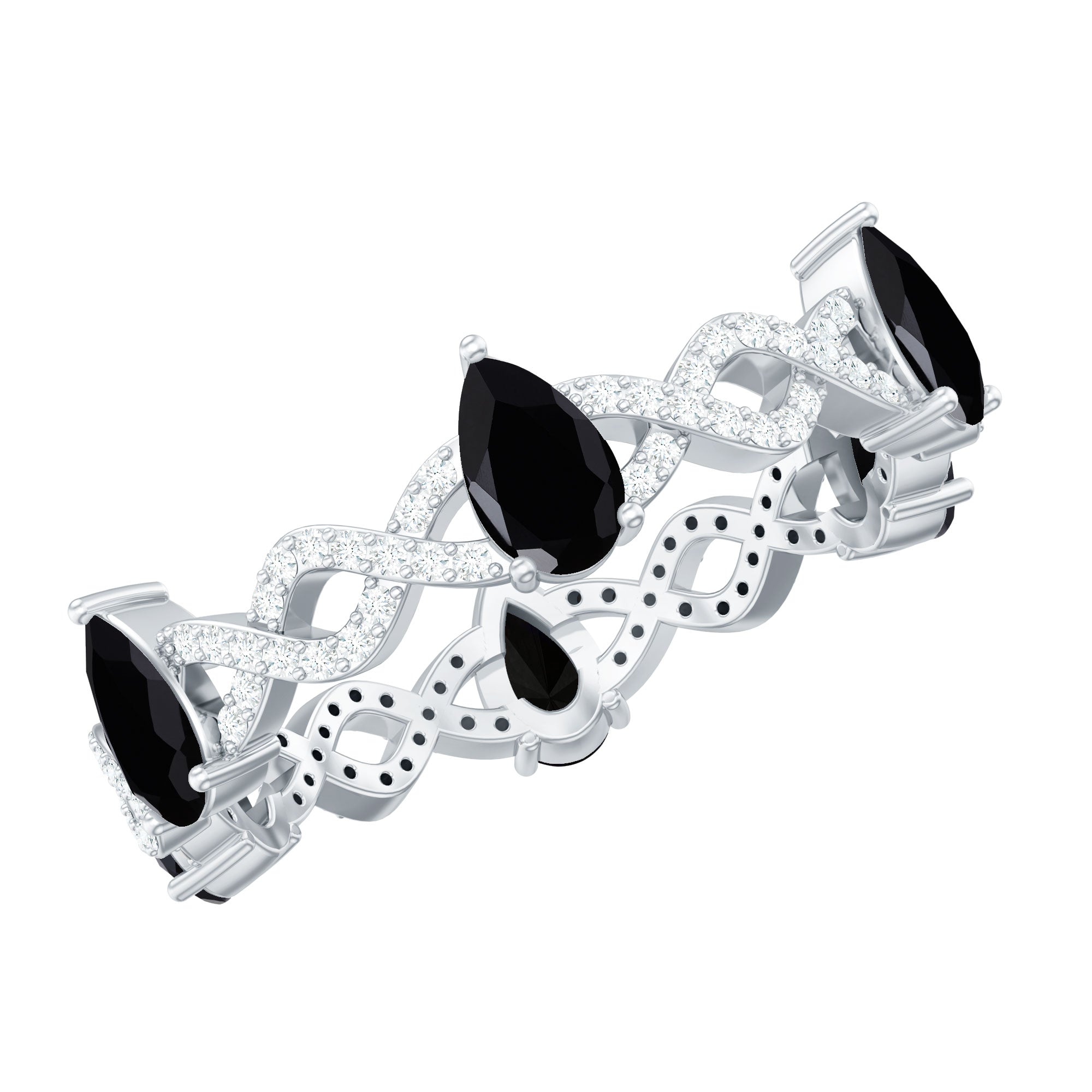 Pear Shaped Black Onyx and Diamond Crossover Wedding Band