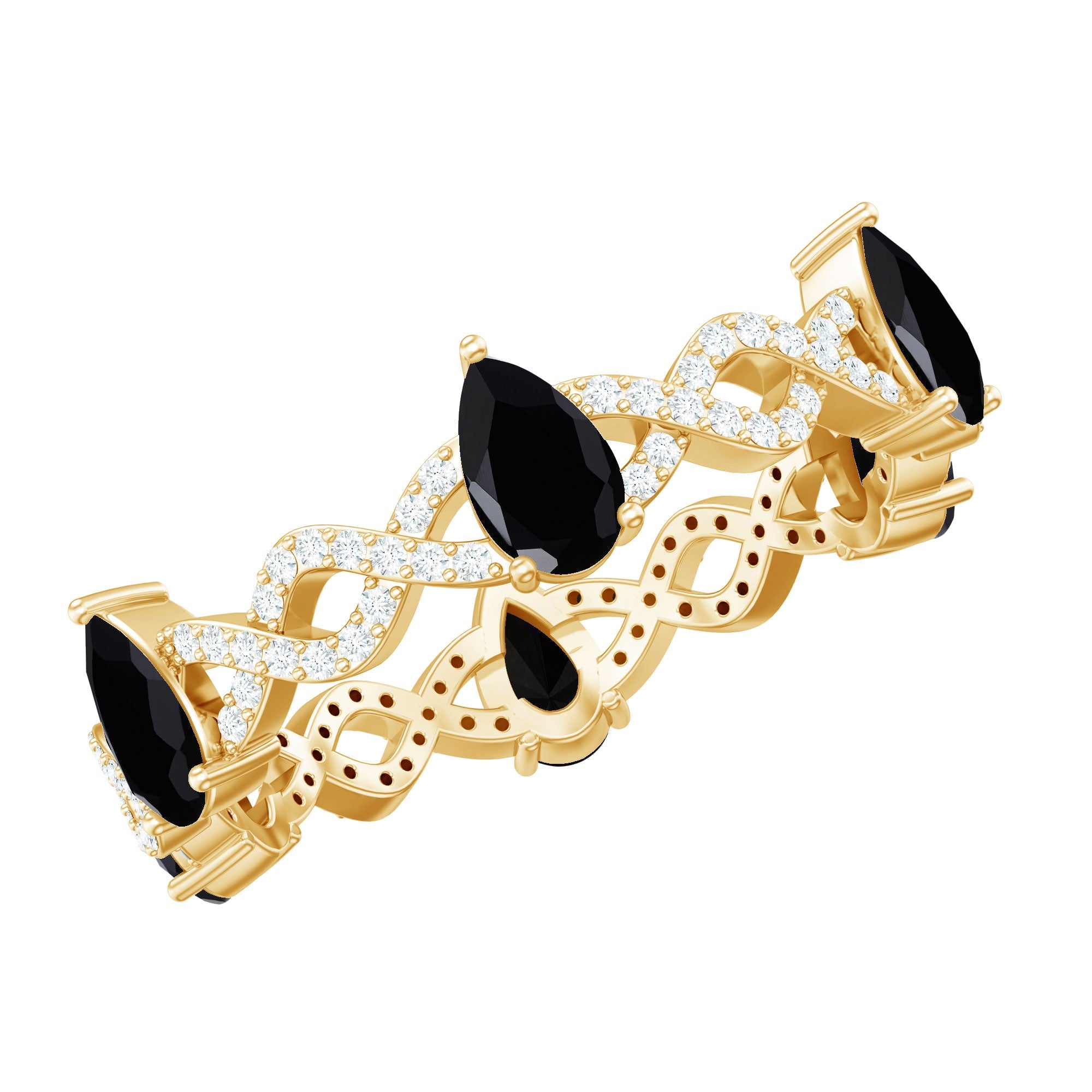 Pear Shaped Black Onyx and Diamond Crossover Wedding Band