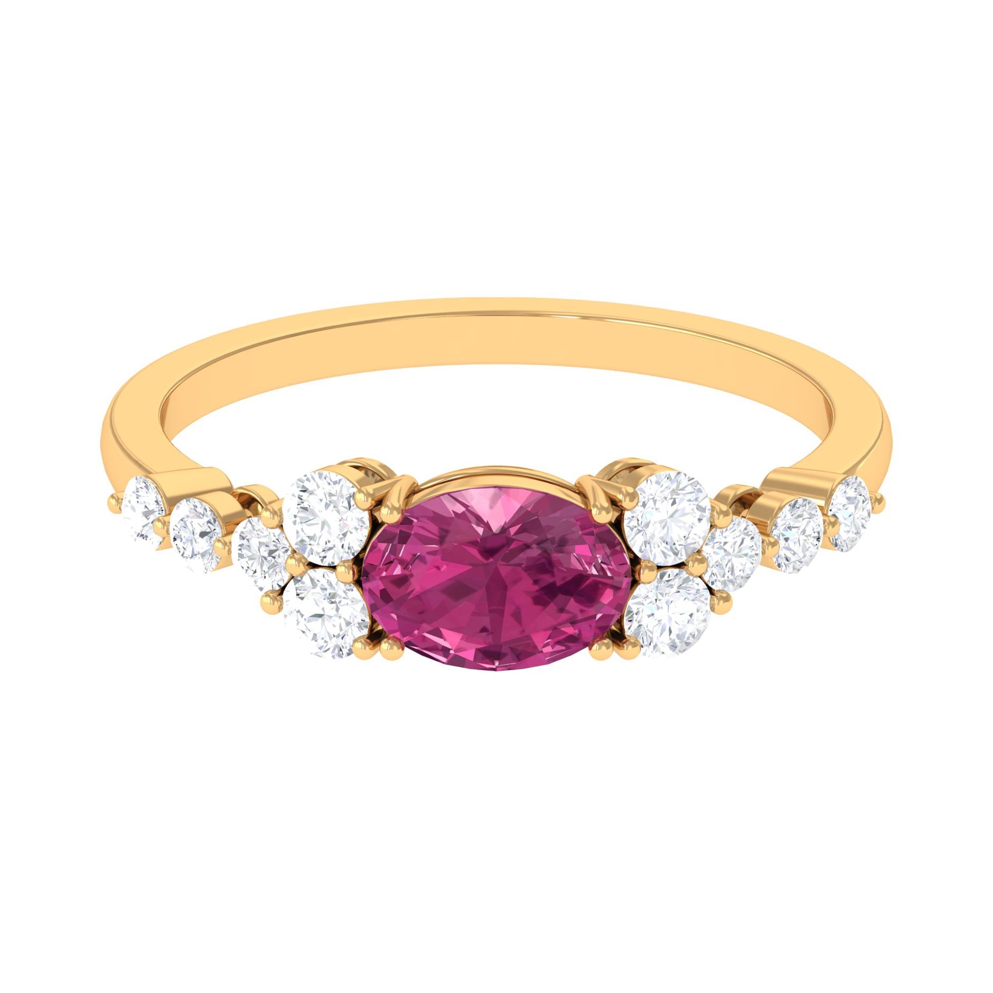 Pink Tourmaline Ring Solitaire East West Ring With Diamond Side Stones - AAA Quality