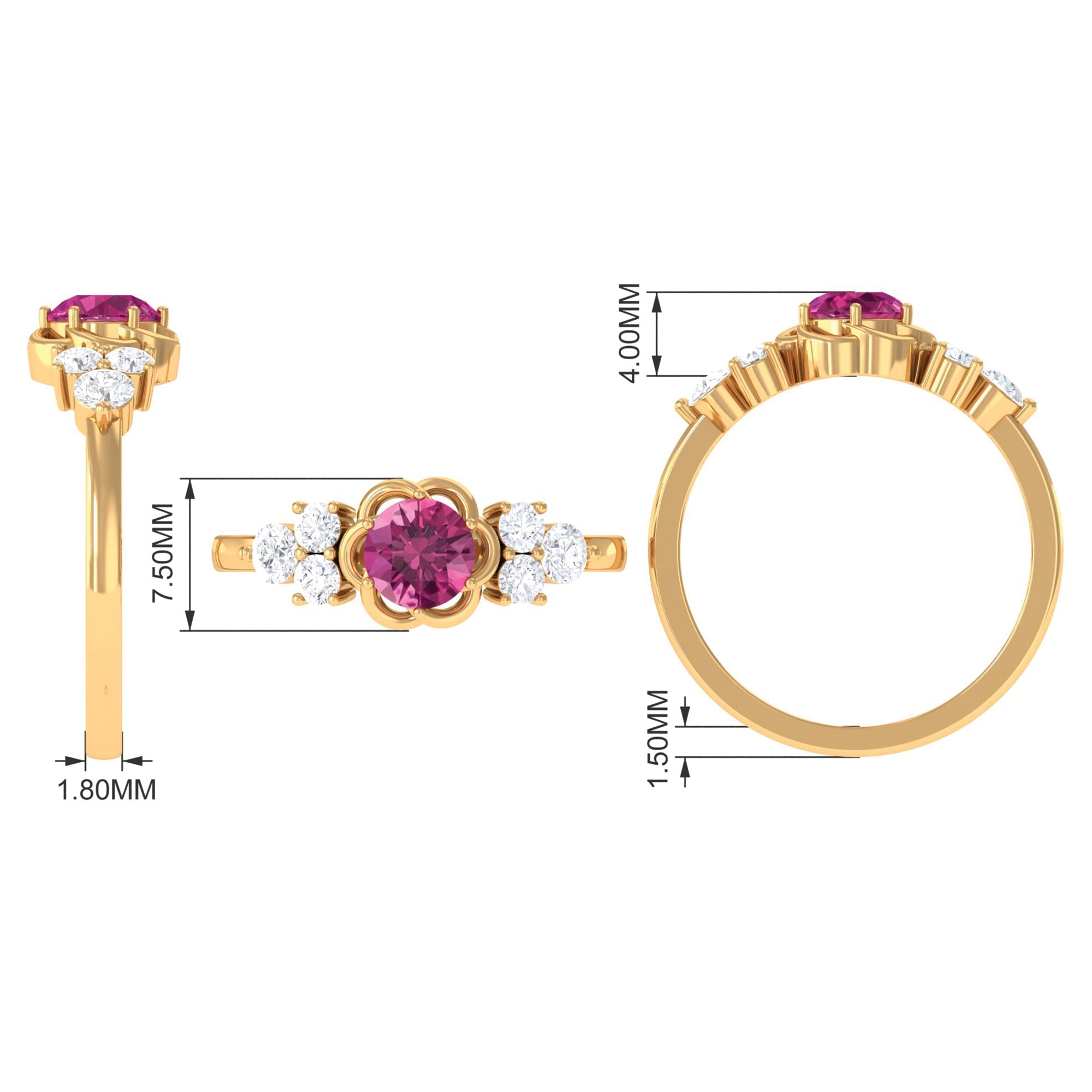 Pink Tourmaline Ring – Floral Gemstone Diamond Accent | Sterling Silver & Gold