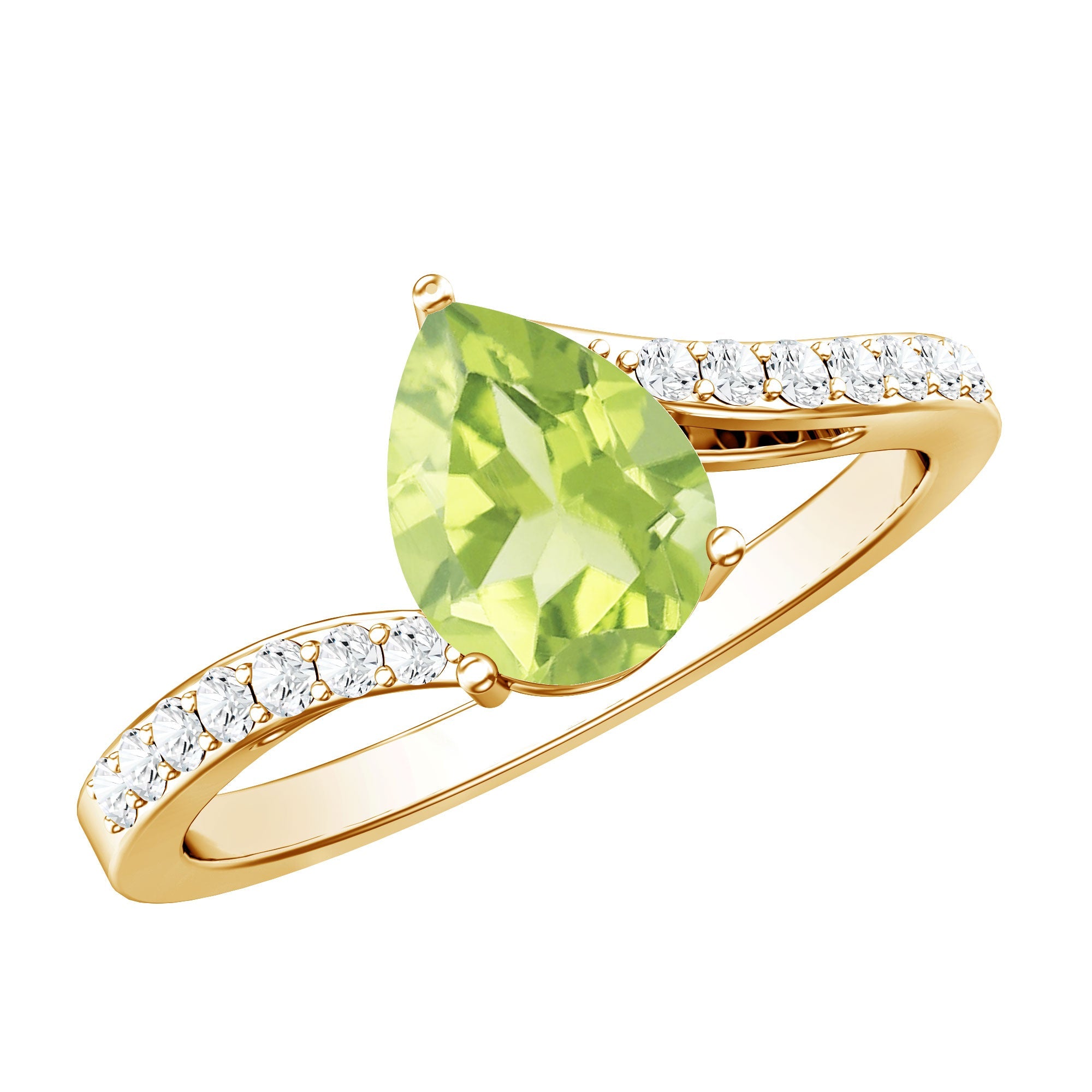 Peridot Engagement Ring - 1 Carat Pear Shaped Green Gemstone Ring with Diamond Bypass Shank