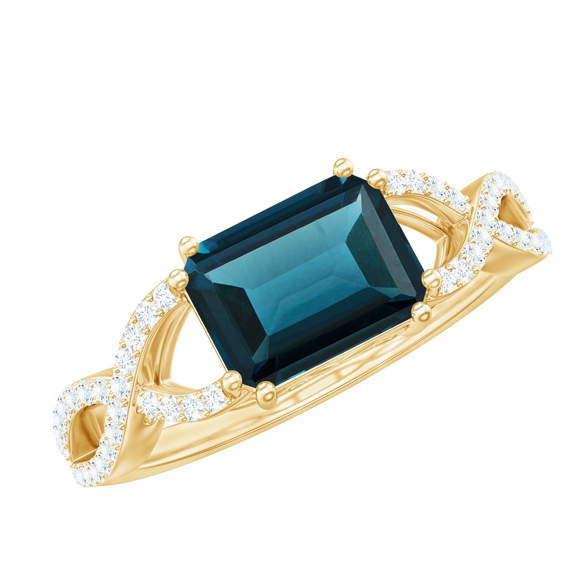 2.2 Carat Emerald Cut London Blue Topaz East West Engagement Ring with Diamond