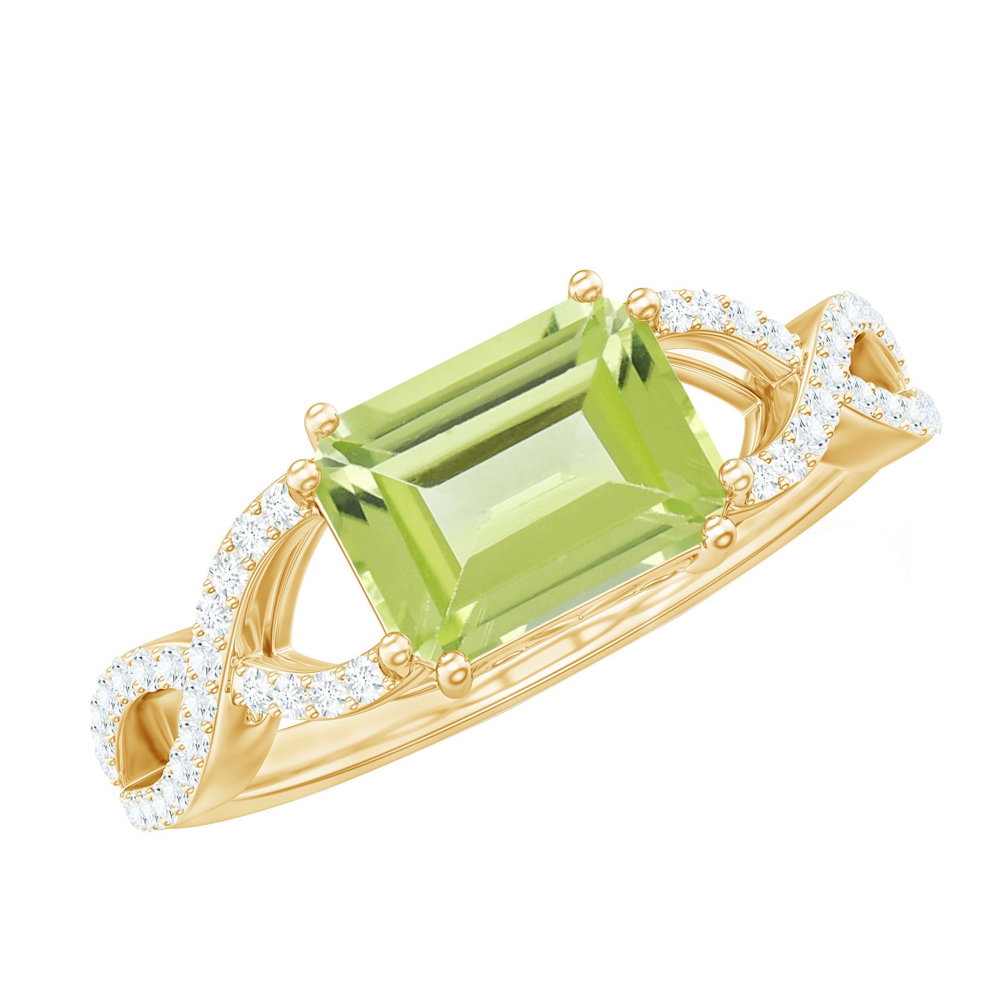 Peridot Engagement Ring - 1.8 Carat Emerald Cut With Diamond Crossover Shank