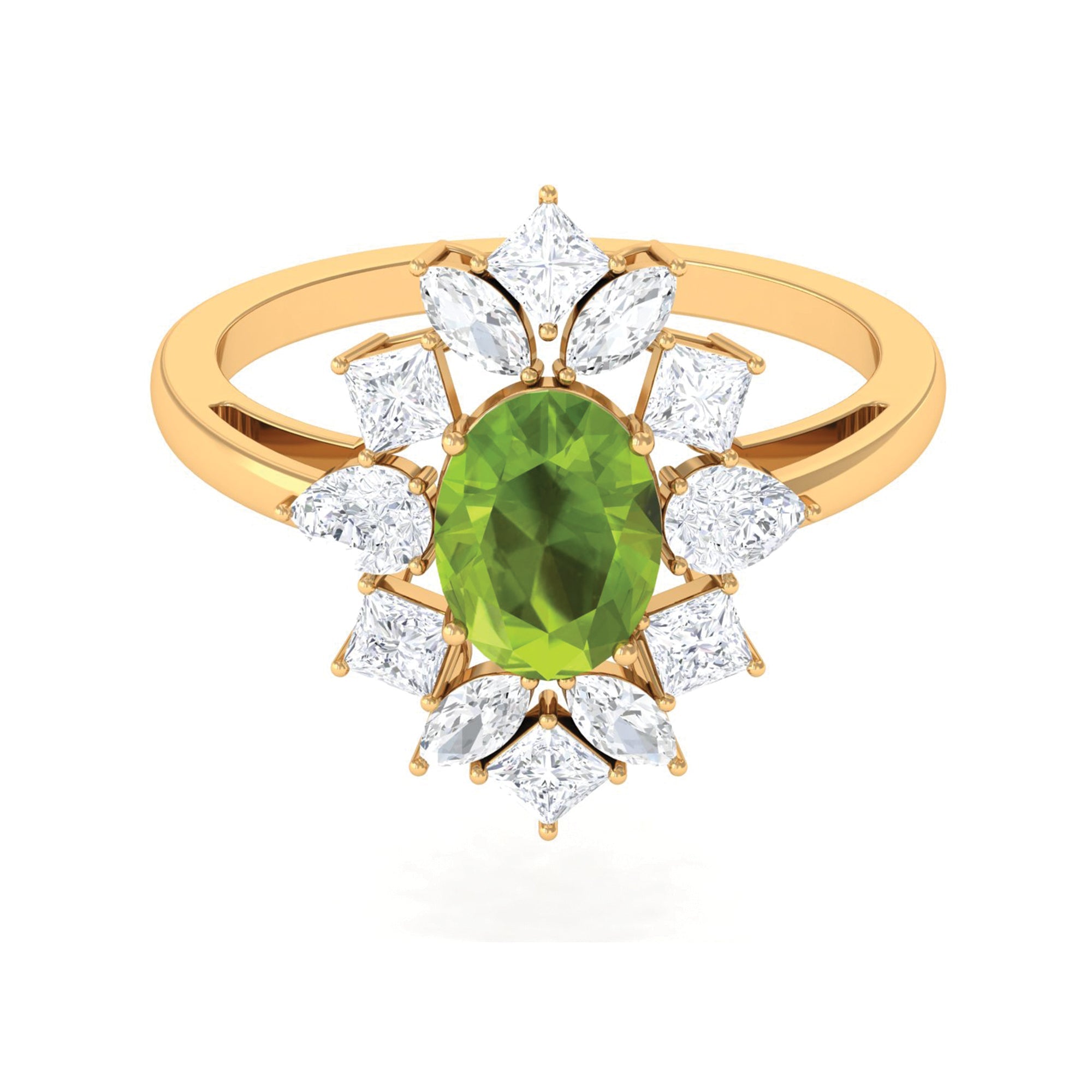 Peridot Cocktail Ring – Natural Oval Cut Peridot with Moissanite Stones in Gold