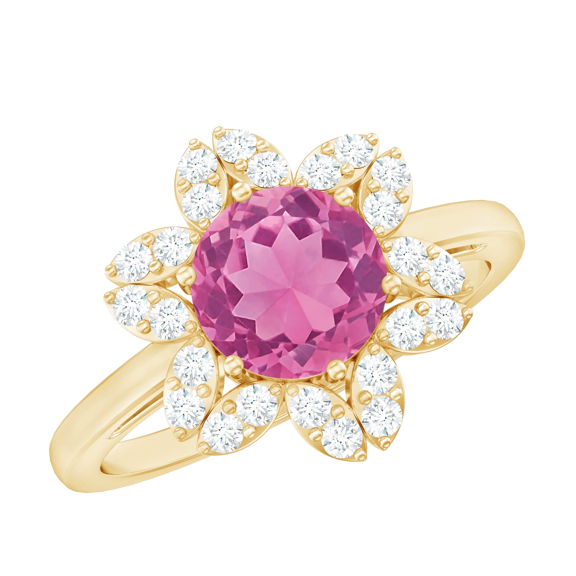 Pink Tourmaline Ring – Floral Engagement Ring With 1.2 Ct Round Pink Gemstone Halo
