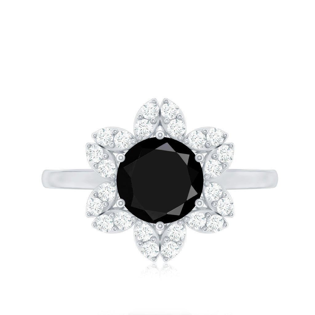 Genuine Round Cut Black Onyx Flower Engagement Ring with Diamonds