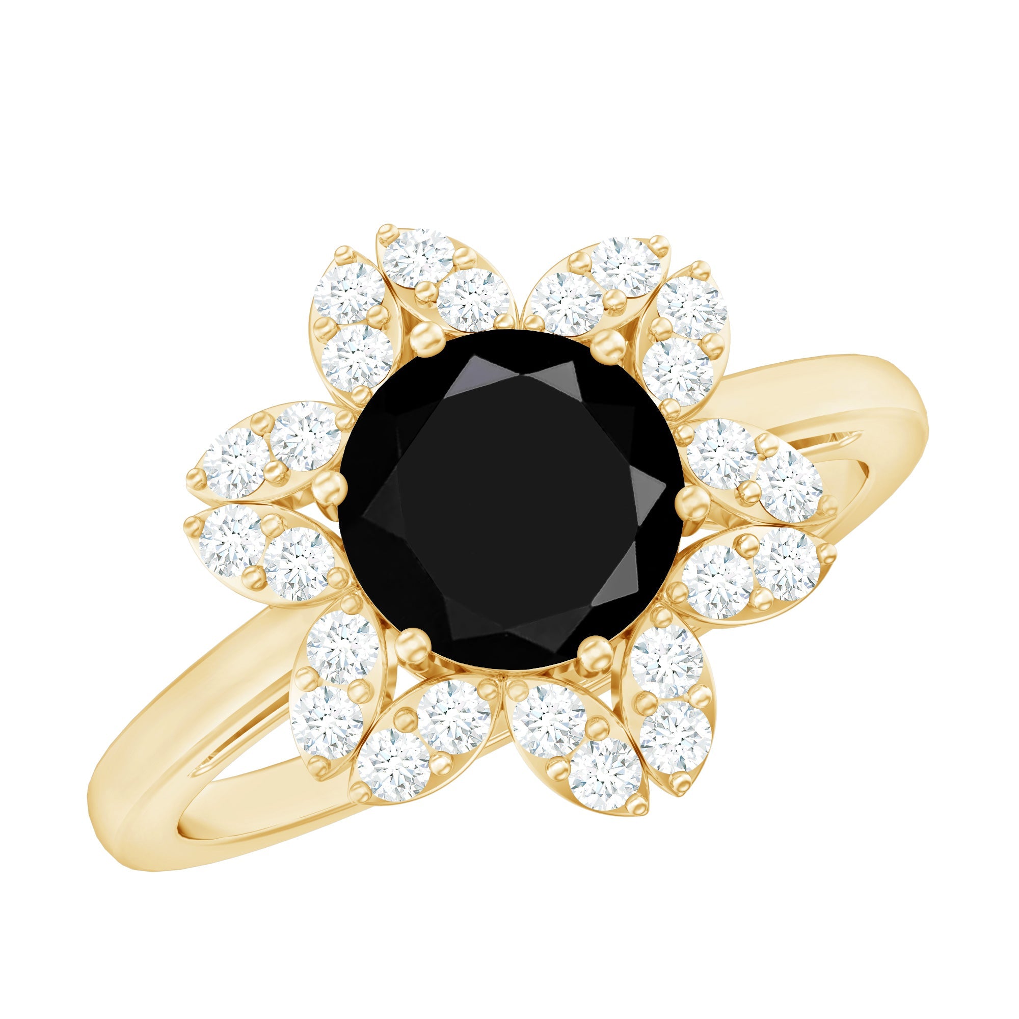 Genuine Round Cut Black Onyx Flower Engagement Ring with Diamonds