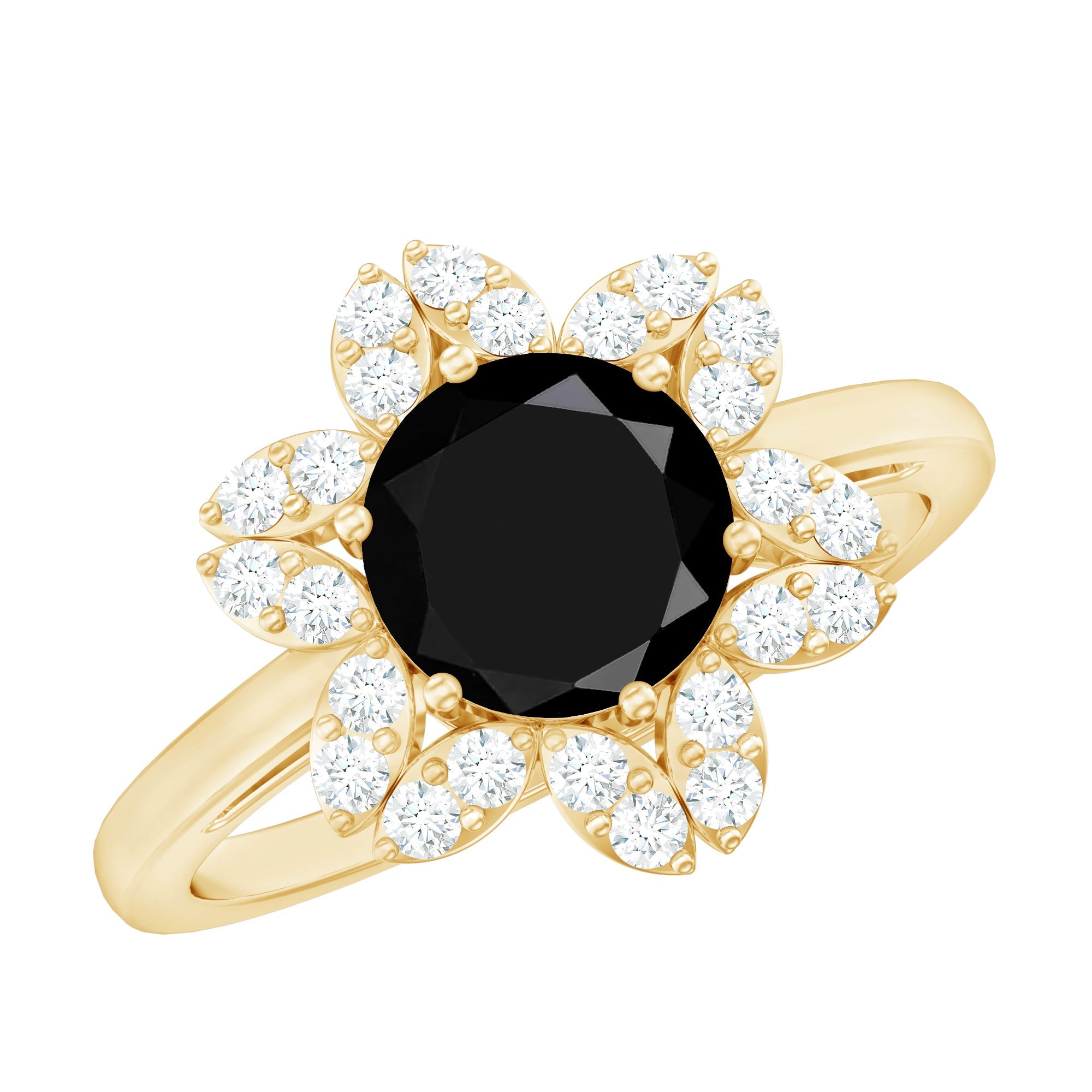 Natural 2.6 Carat Black Spinel Flower Engagement Ring with Diamond