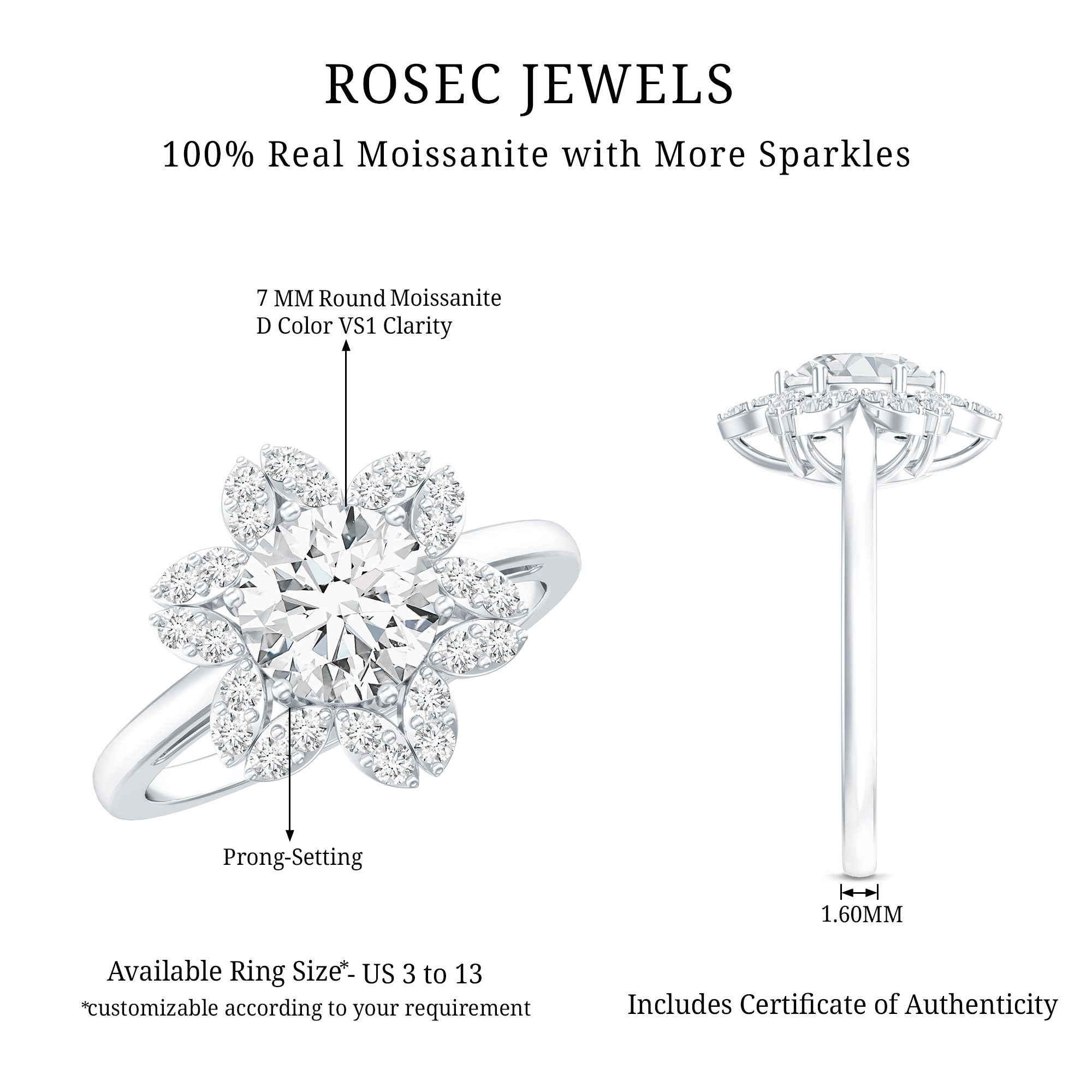 Moissanite Flower Halo Ring – Certified Sparkling Engagement Jewelry for Women