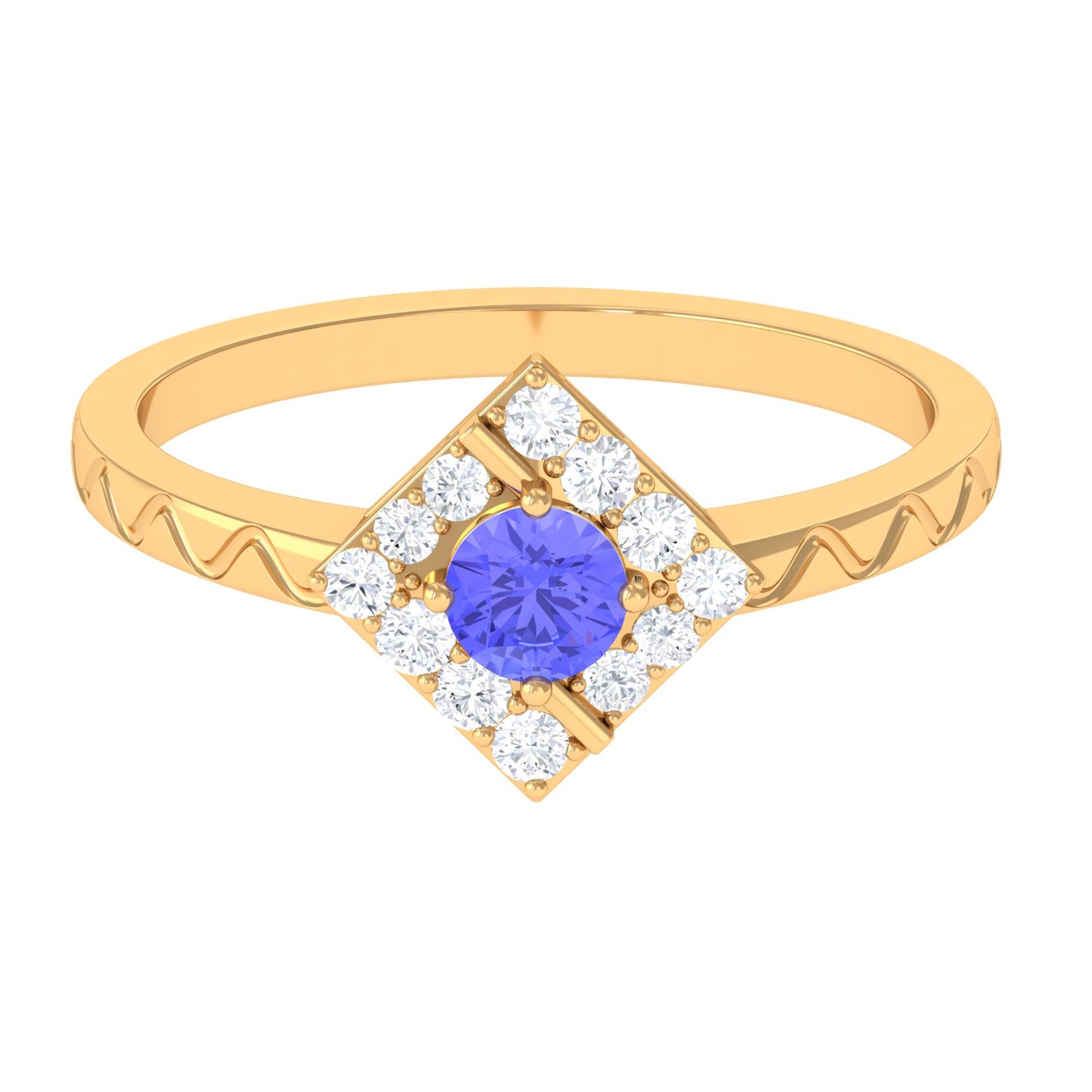 Tanzanite Diamond Ring – 0.5 Carat Blue Gemstone With Diamond Halo & Gold Band