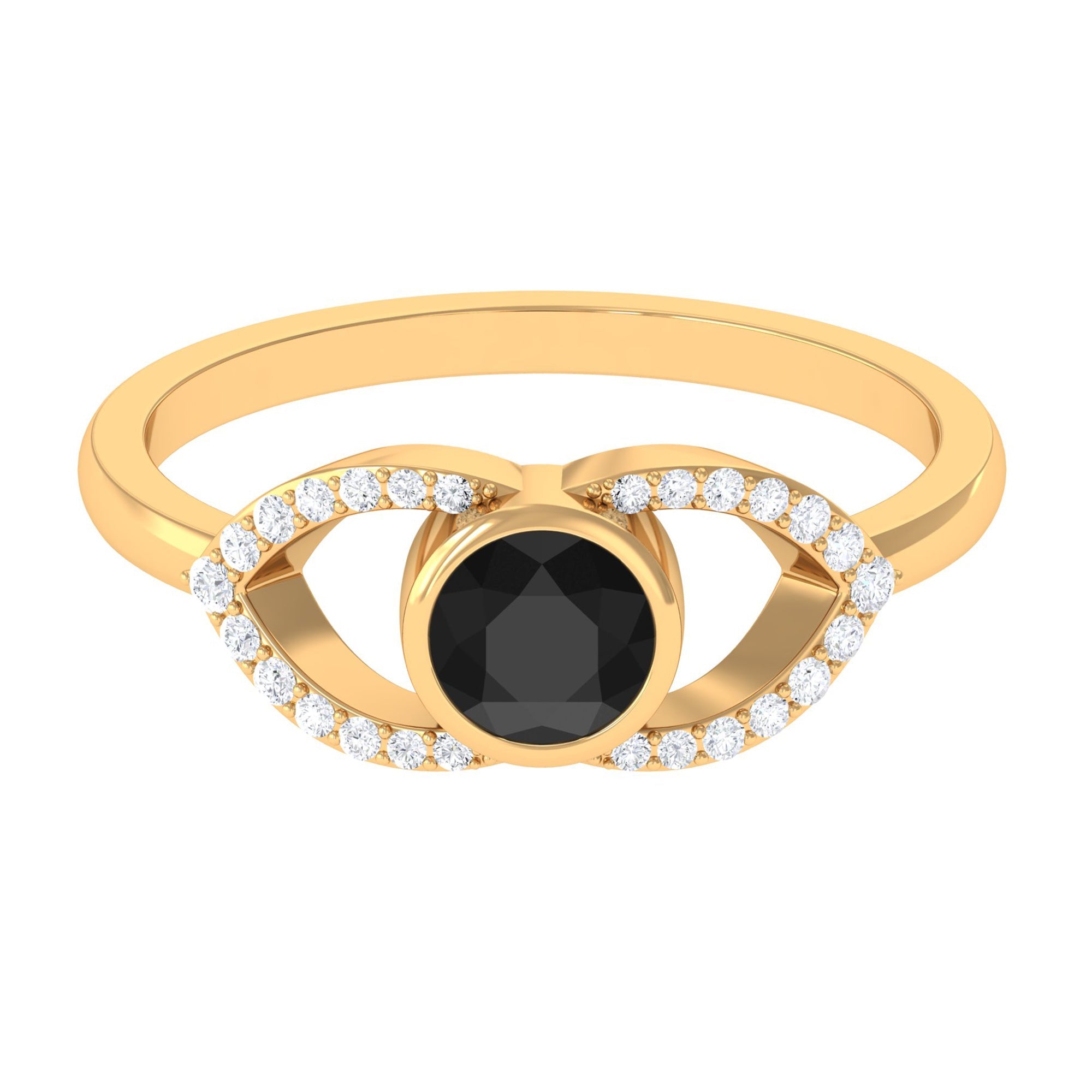 Bezel Set Solitaire Black Spinel and Diamond Ring in Split Shank