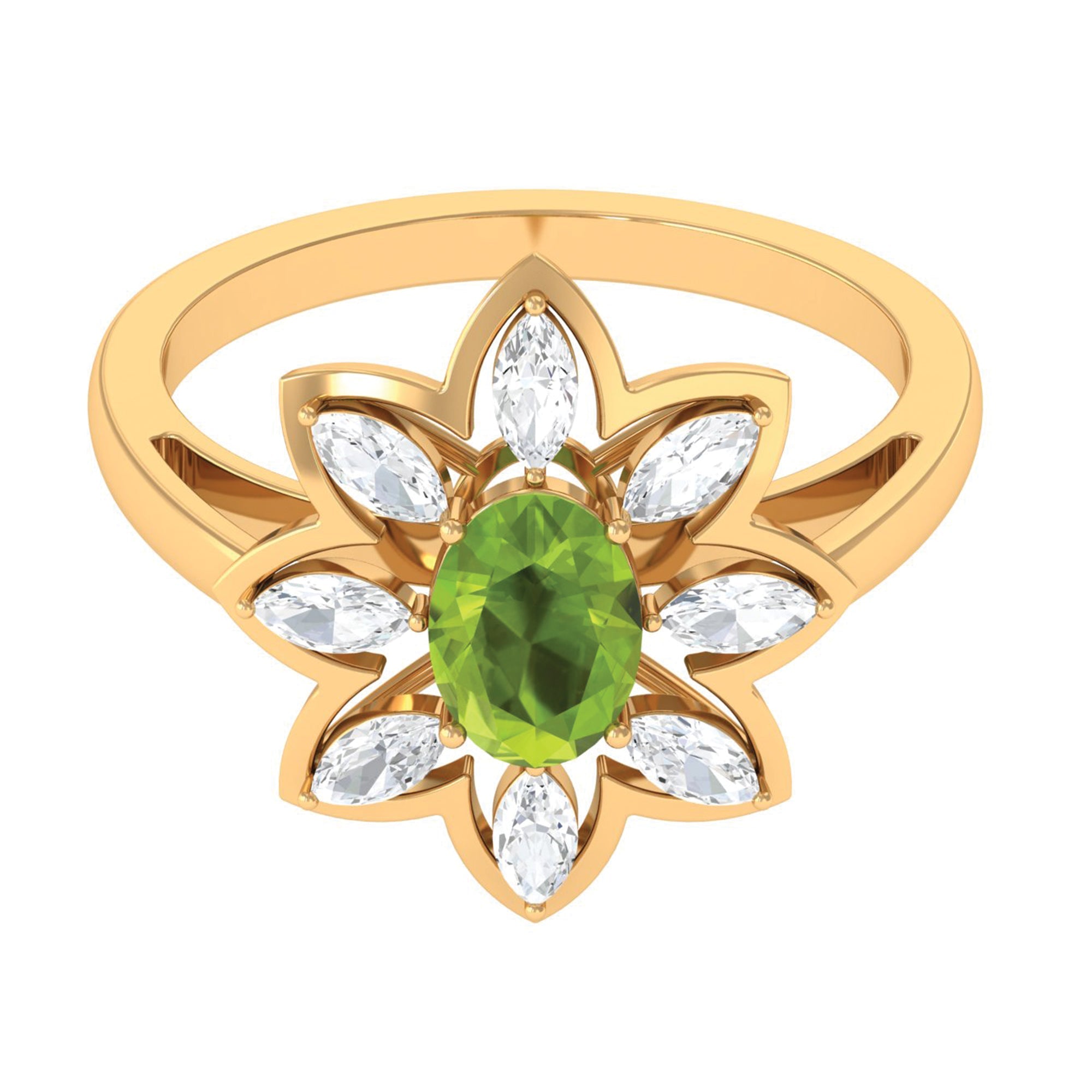 Peridot Engagement Ring – Oval Cut Peridot Flower Ring with Lab Grown Diamonds