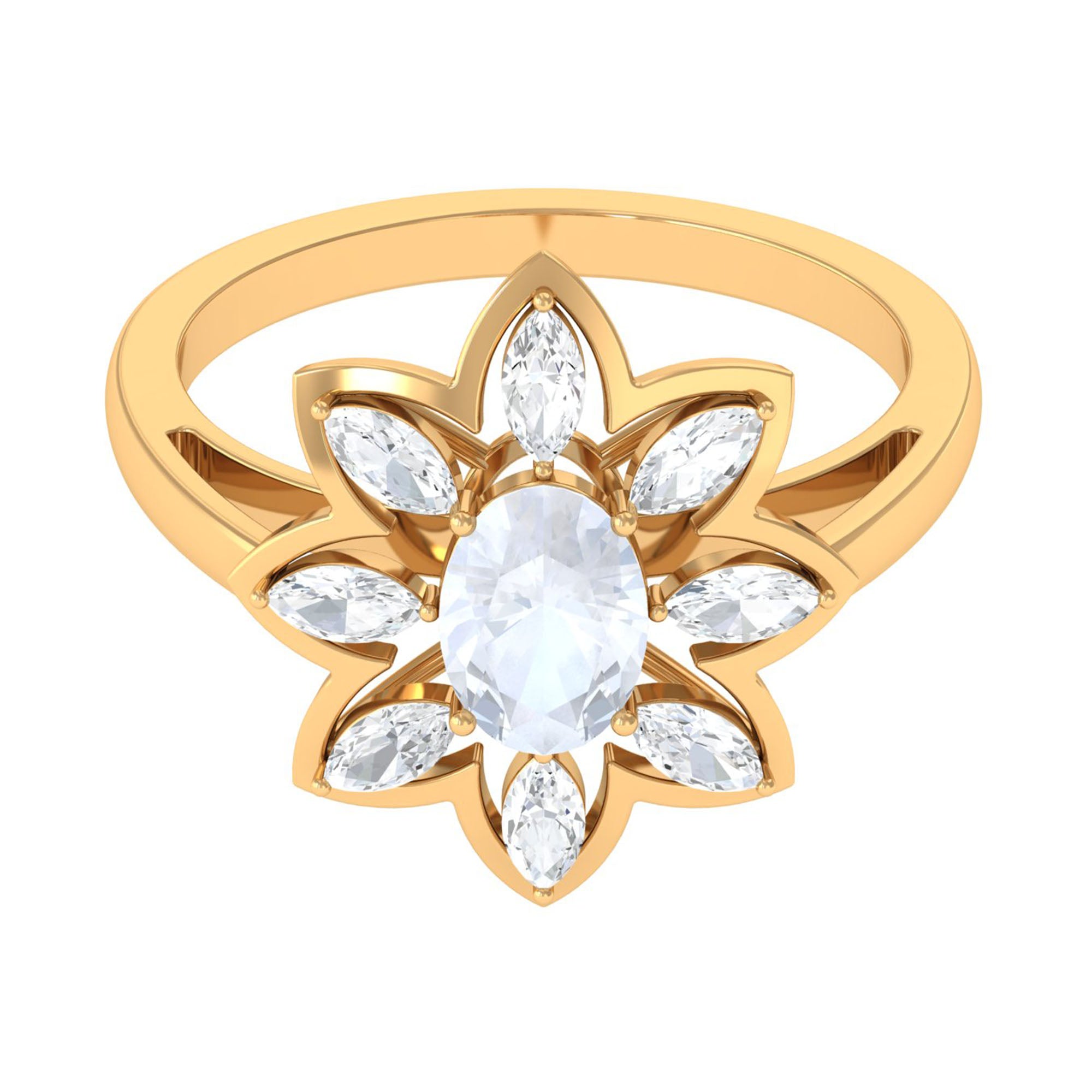 Moonstone Cocktail Ring - Oval Cut Blue Moonstone with Diamond Flower Halo Design
