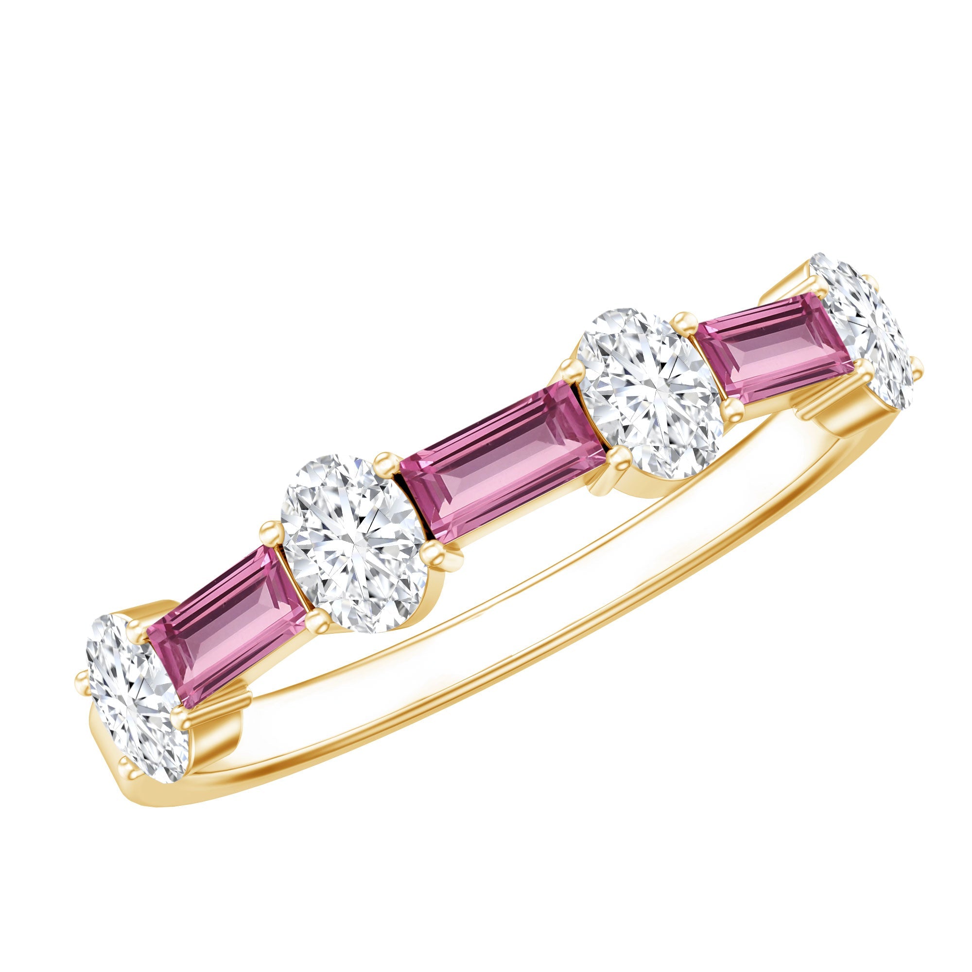 Pink Tourmaline Ring - Semi Eternity Rose Gold Ring with Oval Moissanite Gems
