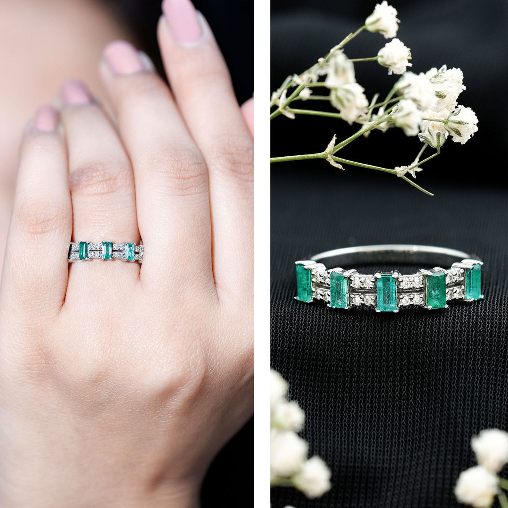 Emerald Eternity Band – Half Eternity Band with Baguette Cut Emeralds & Diamonds
