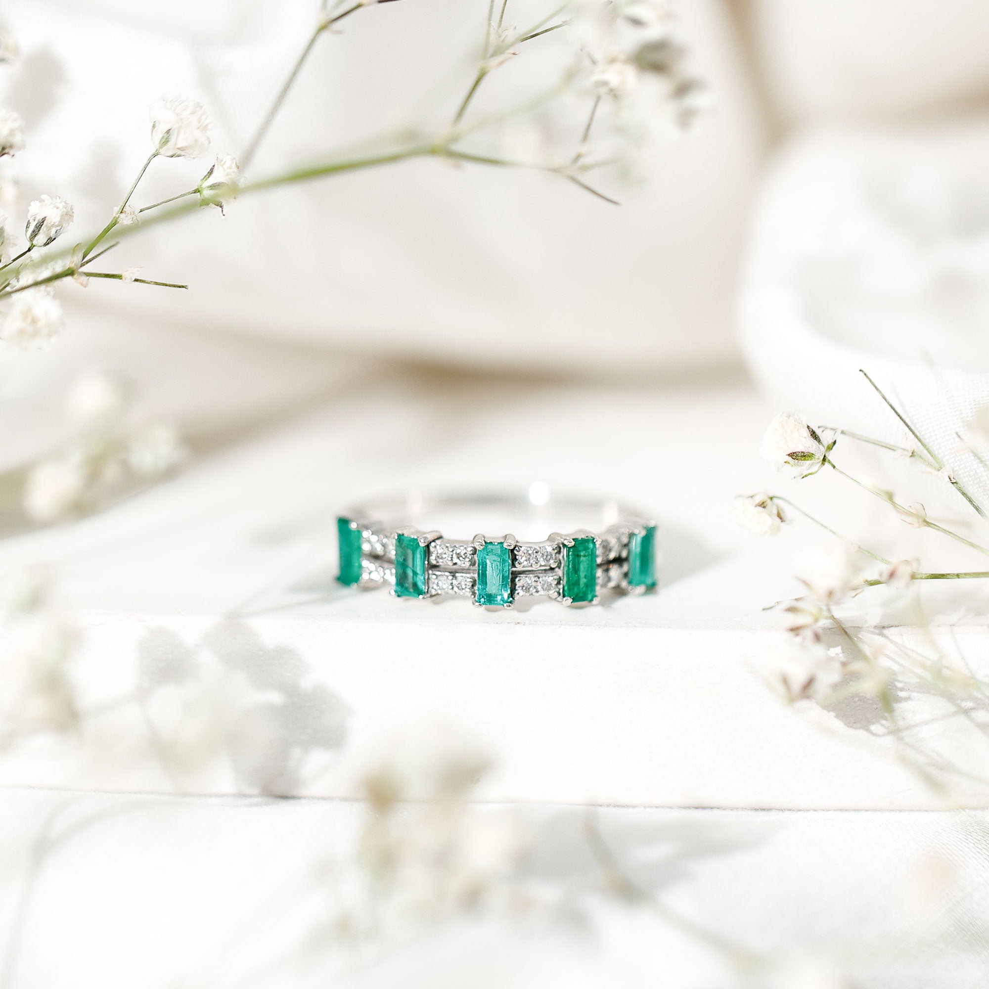 Emerald Eternity Band – Half Eternity Band with Baguette Cut Emeralds & Diamonds