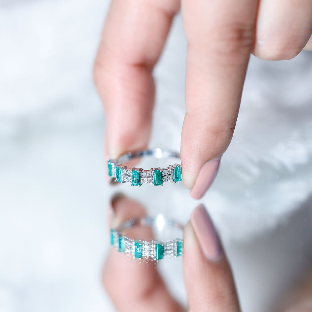 Emerald Eternity Band – Half Eternity Band with Baguette Cut Emeralds & Diamonds