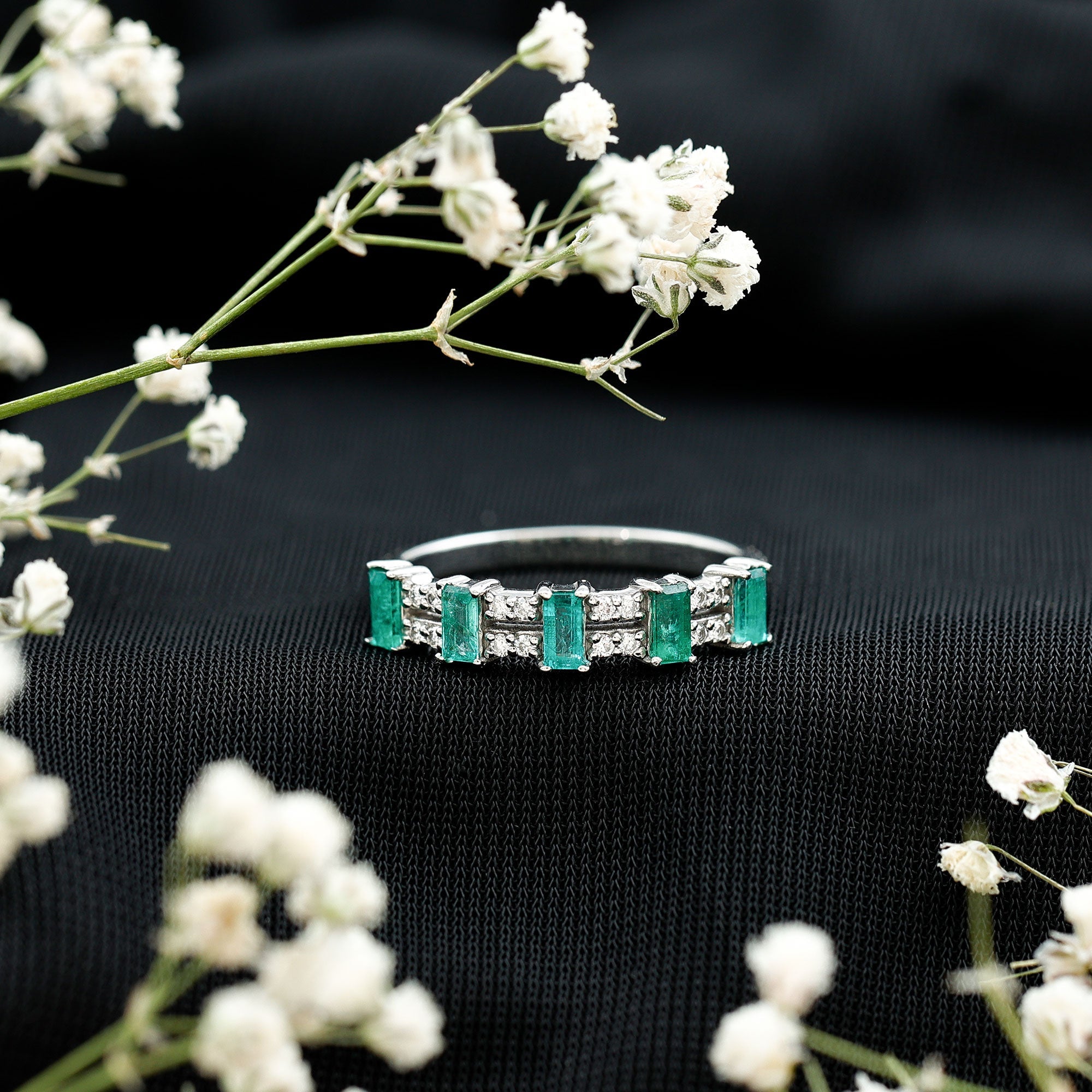 Emerald Eternity Band – Half Eternity Band with Baguette Cut Emeralds & Diamonds