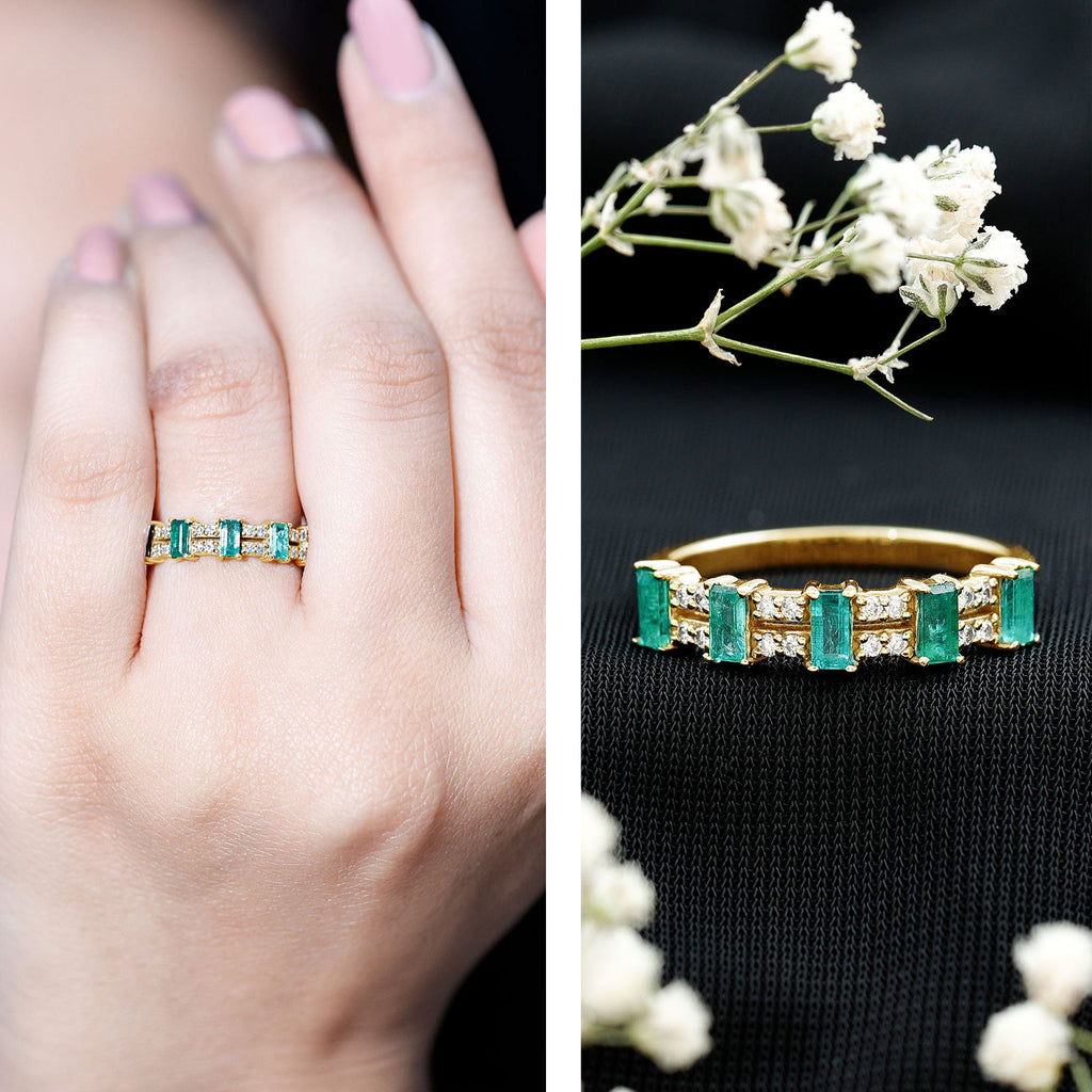 Emerald Eternity Band – Half Eternity Band with Baguette Cut Emeralds & Diamonds