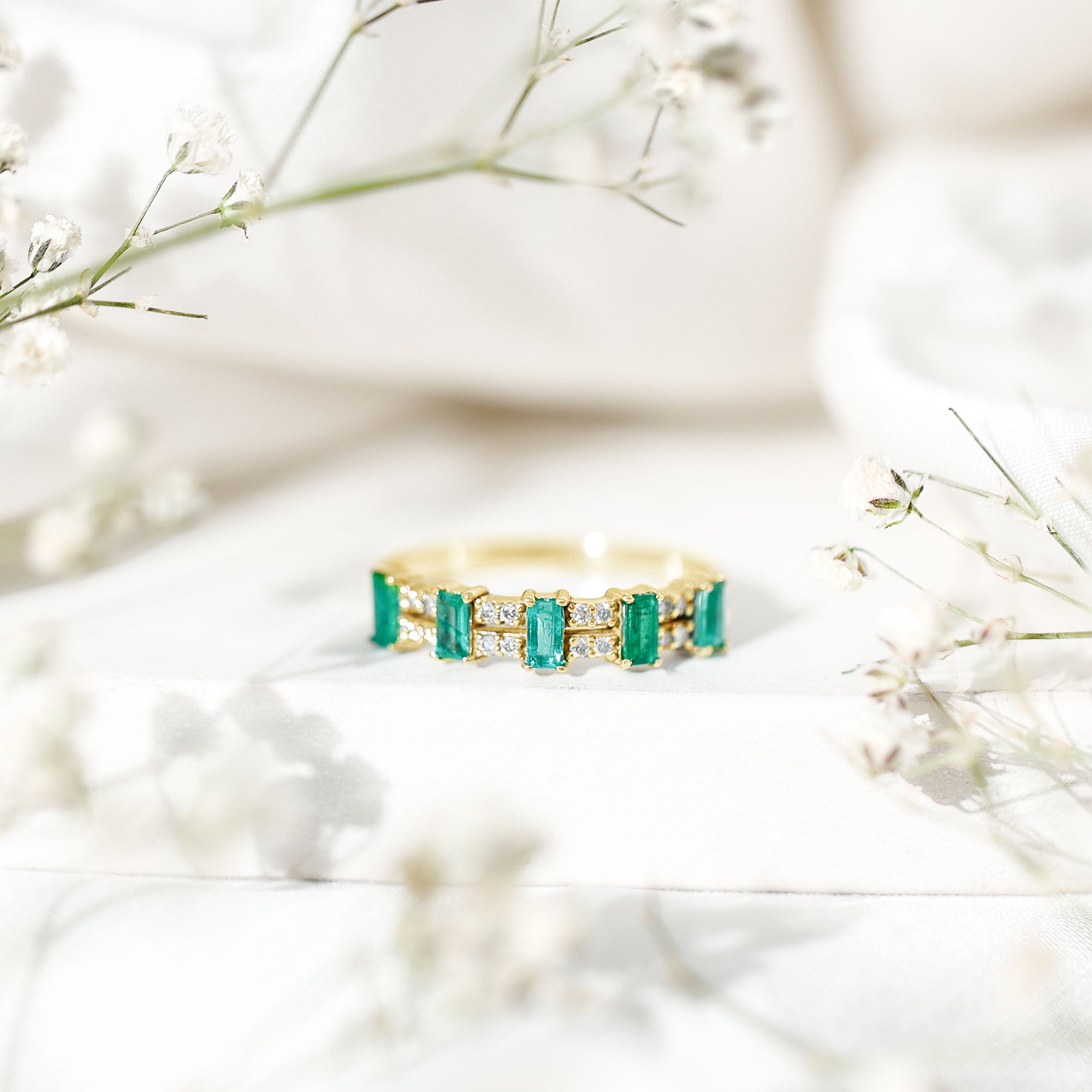 Emerald Eternity Band – Half Eternity Band with Baguette Cut Emeralds & Diamonds