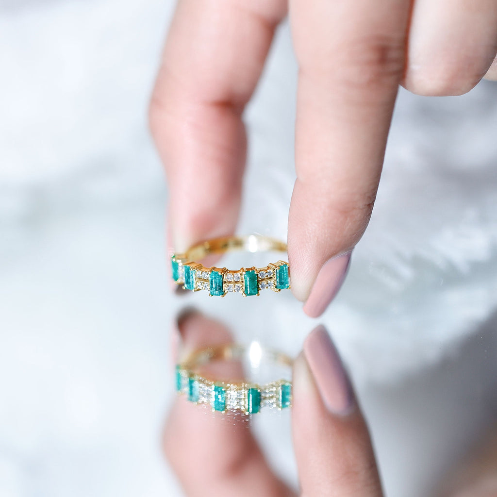 Emerald Eternity Band – Half Eternity Band with Baguette Cut Emeralds & Diamonds