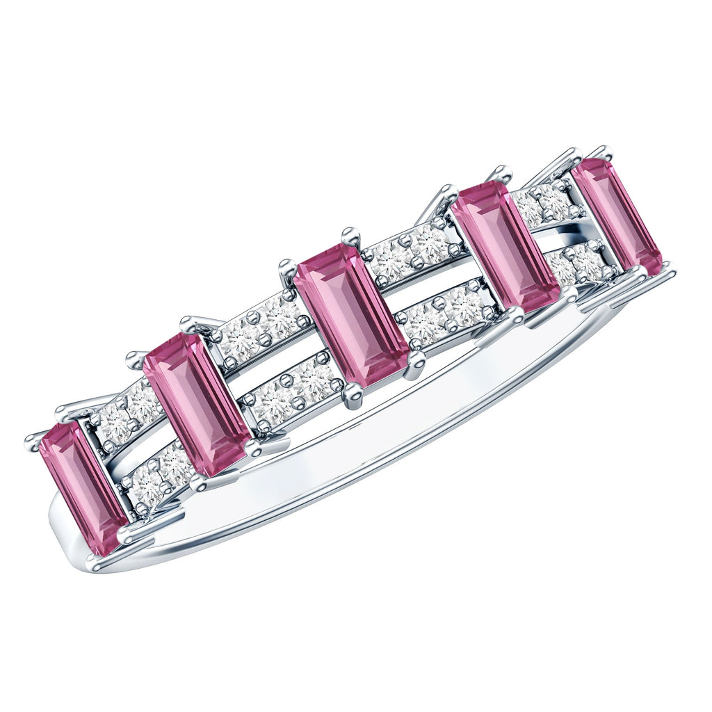 Pink Tourmaline Ring – Wide Half Eternity Diamond Gemstone Band in Rose Gold