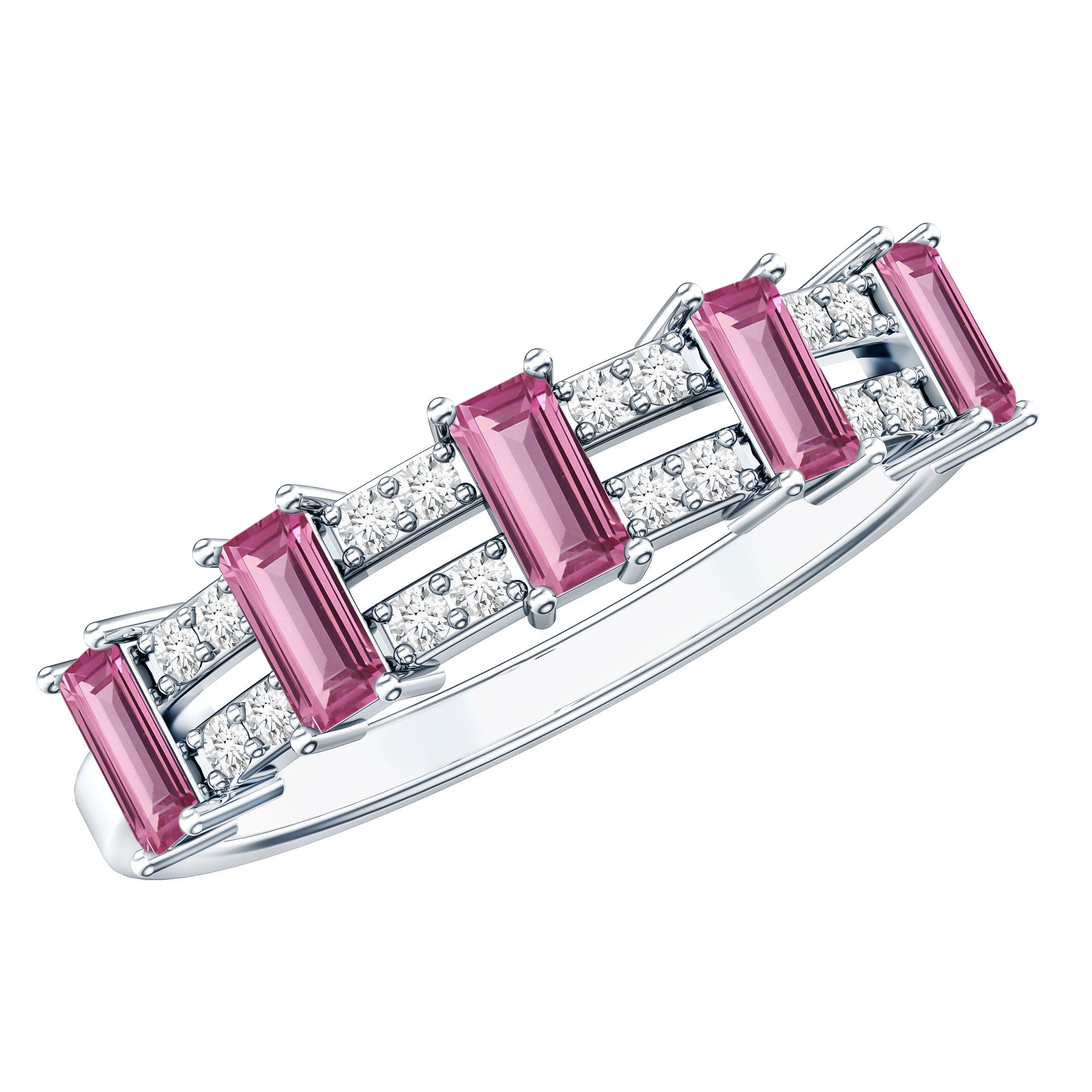 Pink Tourmaline Ring – Wide Half Eternity Diamond Gemstone Band in Rose Gold